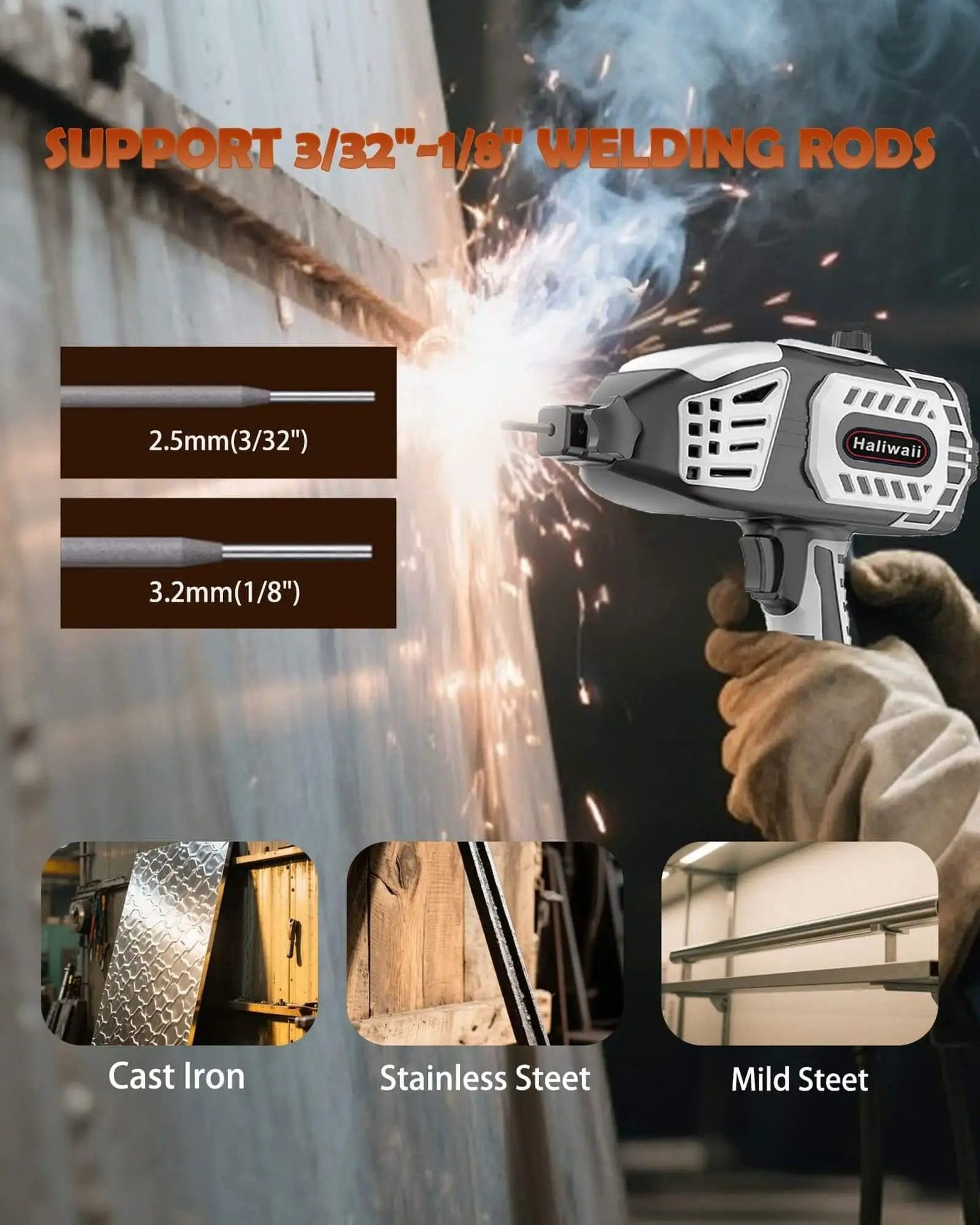 Pro Grade 120 Amp Portable Welder With IGBT Inverter demonstrating welding on metal surface with handheld arc welder gun, supports 3/32 inch rods