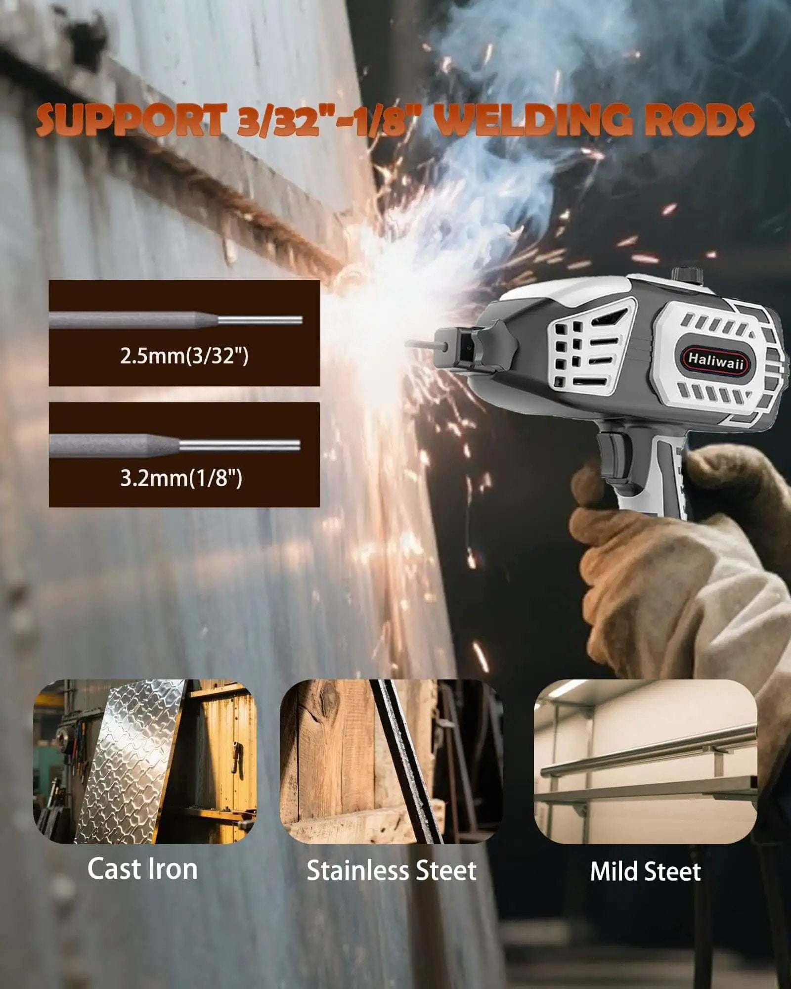 Pro Grade 120 Amp Portable Welder With IGBT Inverter demonstrating welding on metal surface with handheld arc welder gun, supports 3/32 inch rods