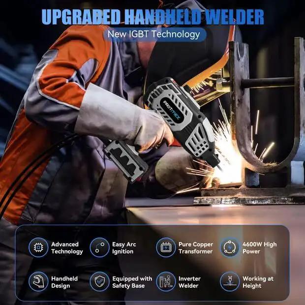 Person using Portable 110V Handheld IGBT Inverter Welder for DIY projects with ARC gun on metal frame