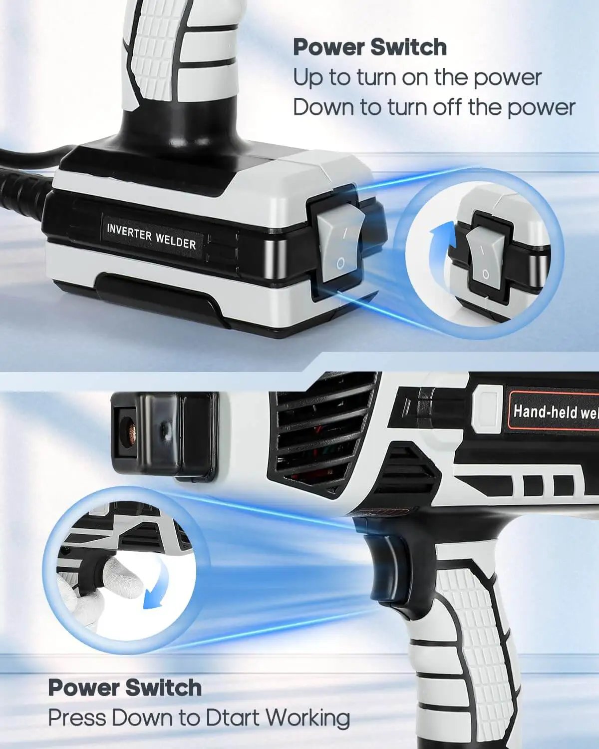 Close-up of power switch on Portable Handheld Welder Inverter 110V with IGBT Tech Beast Mode Adjustable 20-120 Amp Arc Welder