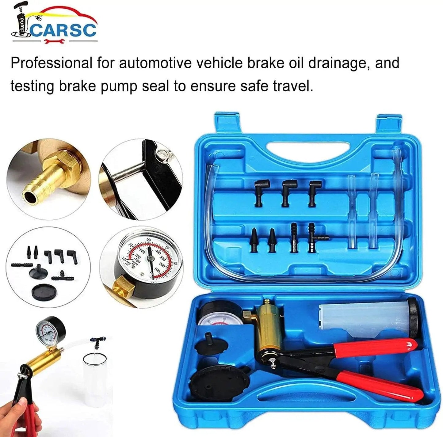 Hand Held Vacuum Pump Tester Kit For Automotive Testing Vacuum Gauges And Brake Bleeder With Pro Grade Adapters And Case Blue