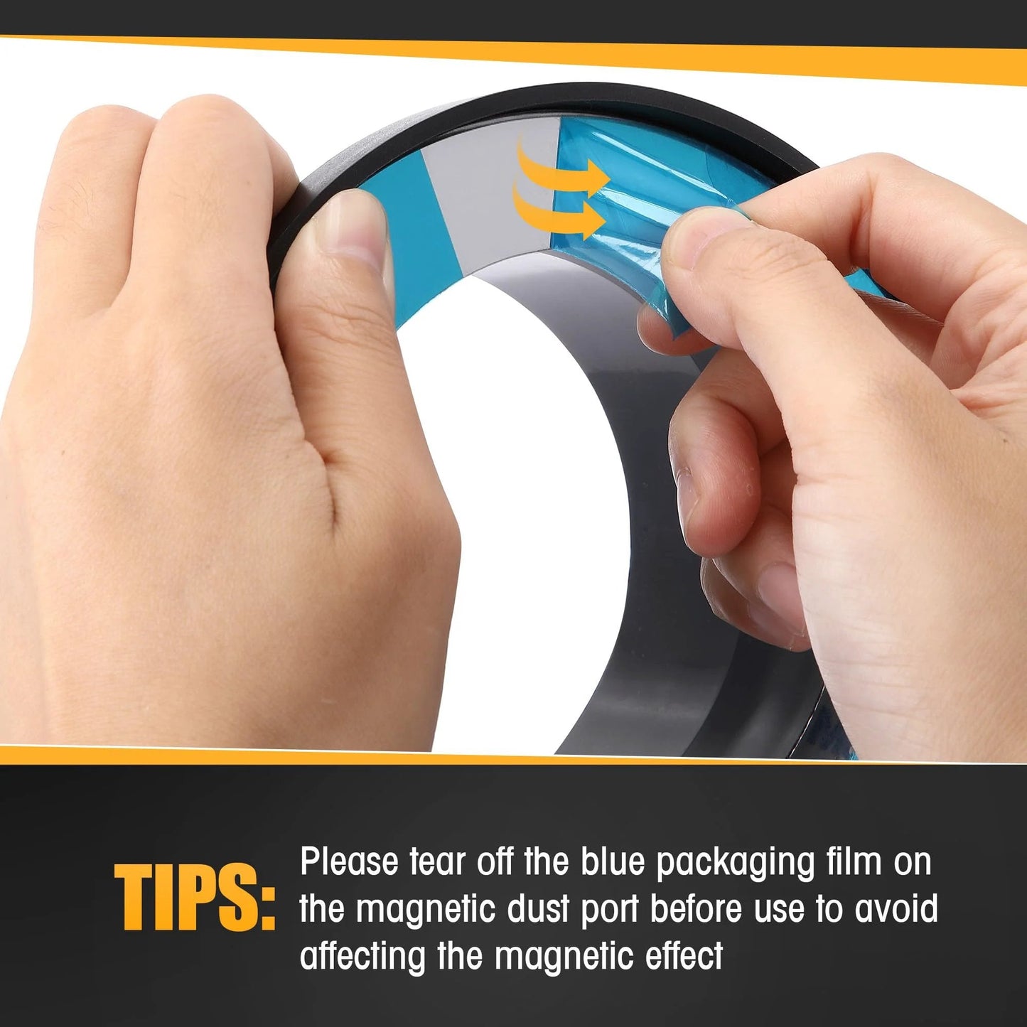 User removing blue film from the 4 Inch Magnetic Dust Collector Fast Connect System Starter Kit for optimal use.