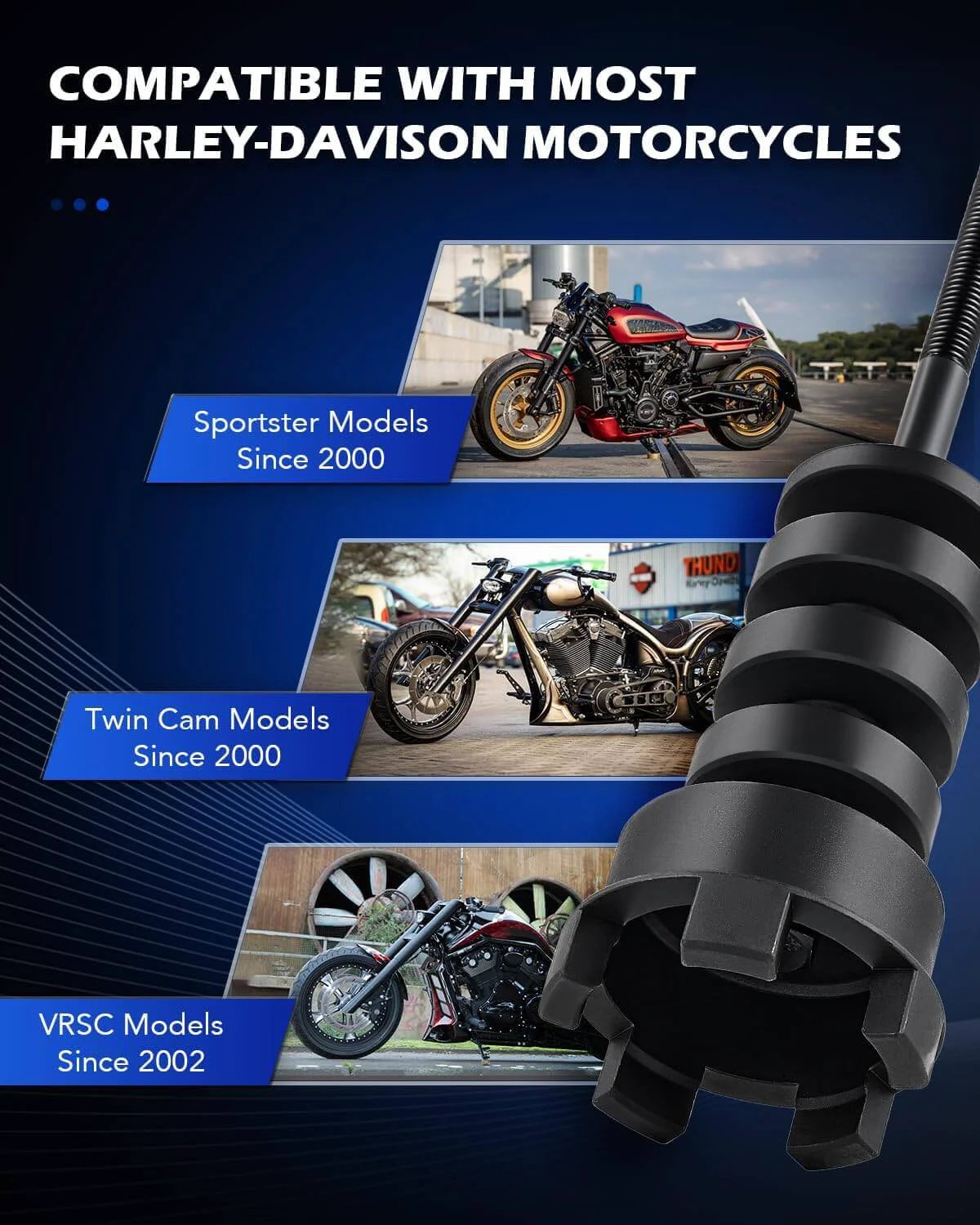 Wheel Bearing Puller Tool Kit Compatible with Harley Davidson Motorcycles, showing compatibility with Sportster, Twin Cam, VRSC models.