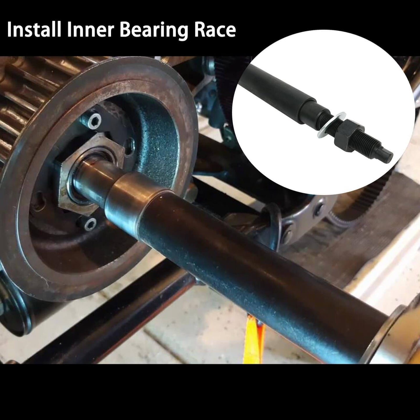 Transmission Mainshaft Inner Bearing Race Tool Installer Puller for Harley Davidson Big Twin 5 and 6 Speed 1984-present installation.
