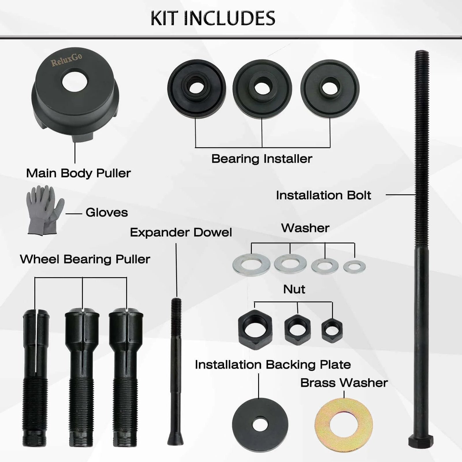 Wheel Bearing Puller Removal Motorcycle Tool Kit for Harley Davidson, showing main body puller, bearing installer, and accessories.