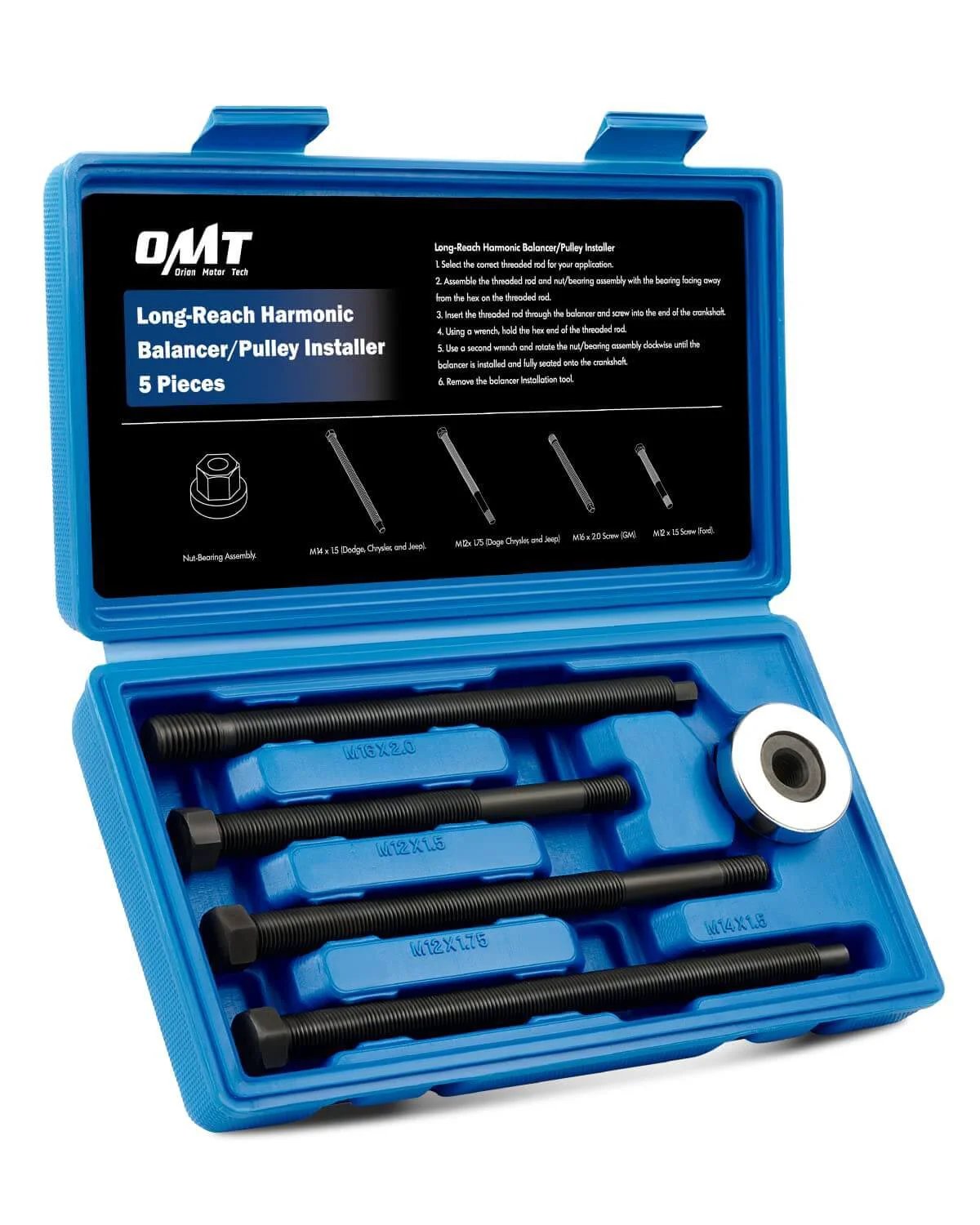 Harmonic Balancer Installer Set, 5pc Long Reach Crank Pulley Underdrive Pulley Damper Installation Tool Kit in blue case with adapters