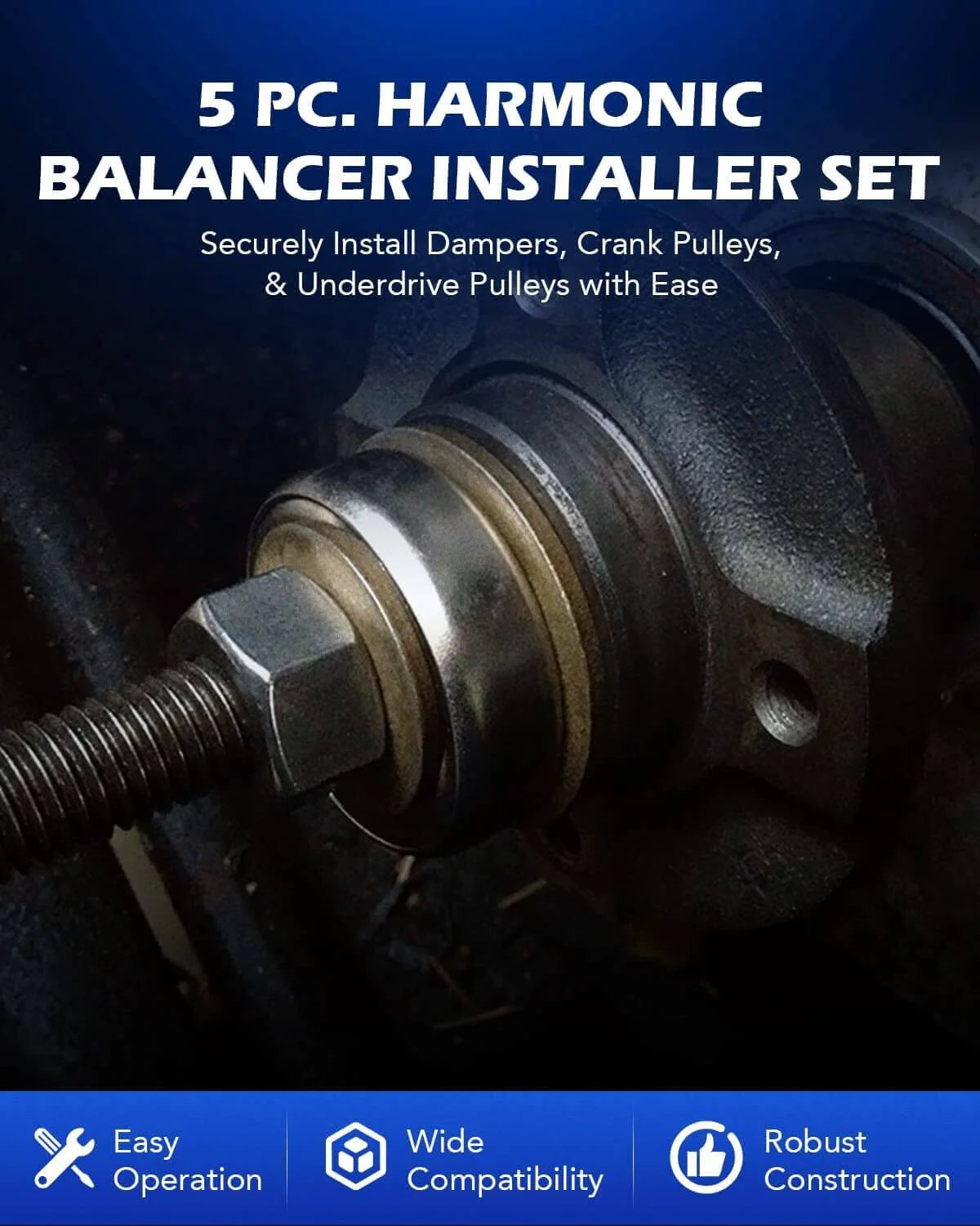 Harmonic Balancer Installer Set, 5pc long reach crank pulley underdrive pulley damper installation tool kit in use