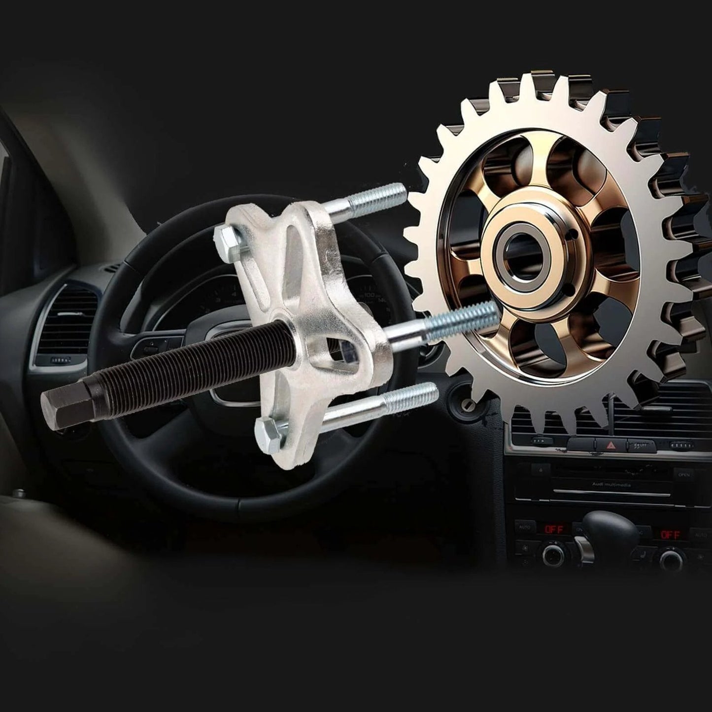 46PCS Harmonic Balancer Puller Set in use, showing automotive power steering wheel pulley puller and installer tool kit with crankshaft flywheel.