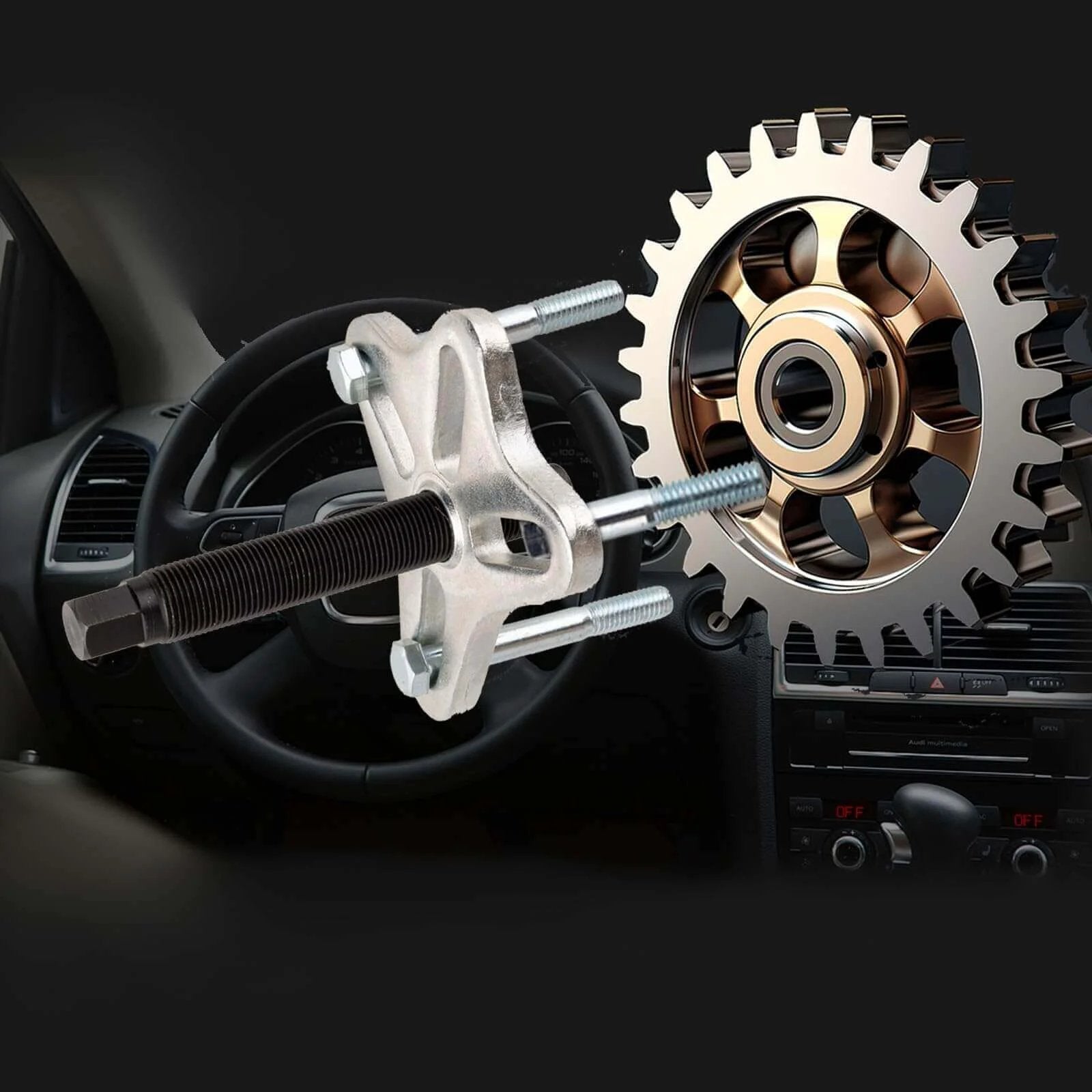 46PCS Harmonic Balancer Puller Set in use, showing automotive power steering wheel pulley puller and installer tool kit with crankshaft flywheel.