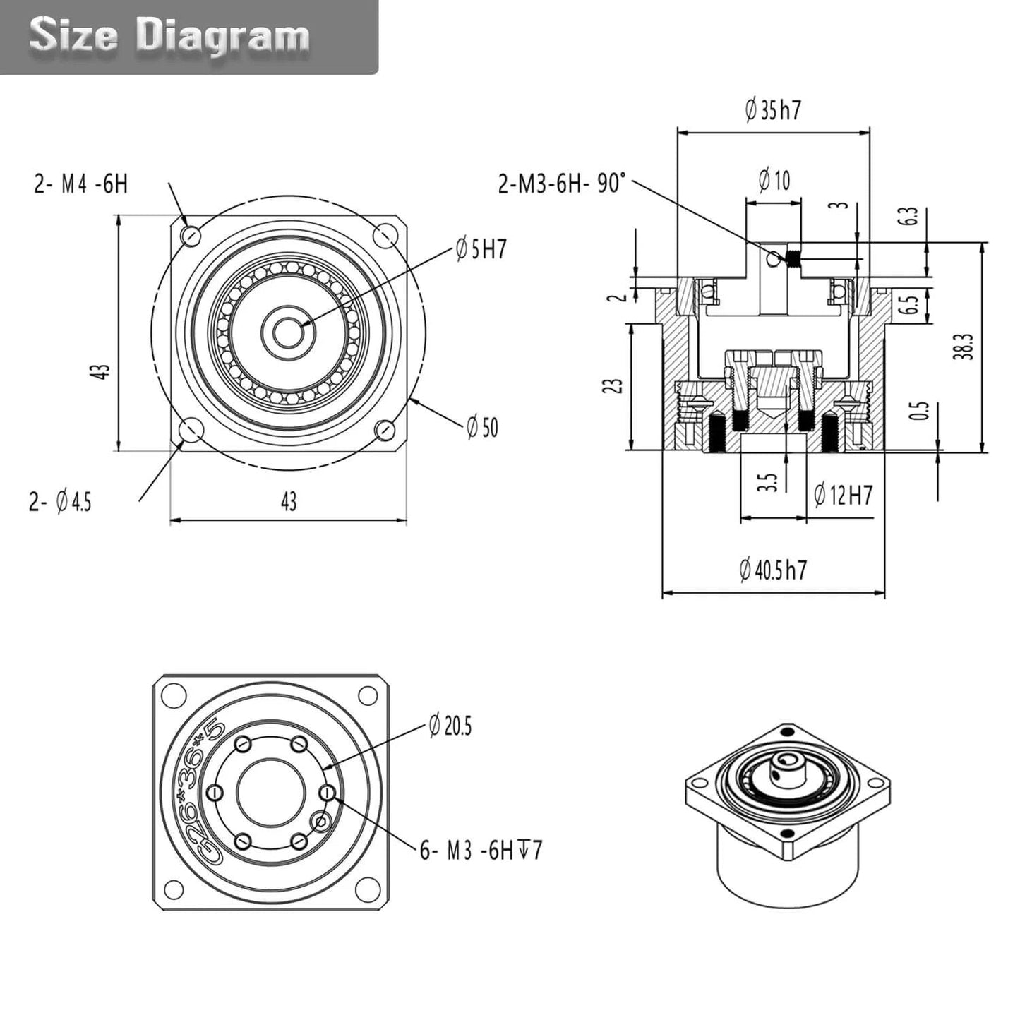 Technical diagram of Harmonic Gear Drive Reducer Small Strain Wave Gearbox Gearbox 50:1 Rotary Reduction Actuator, Nema 17 compatible
