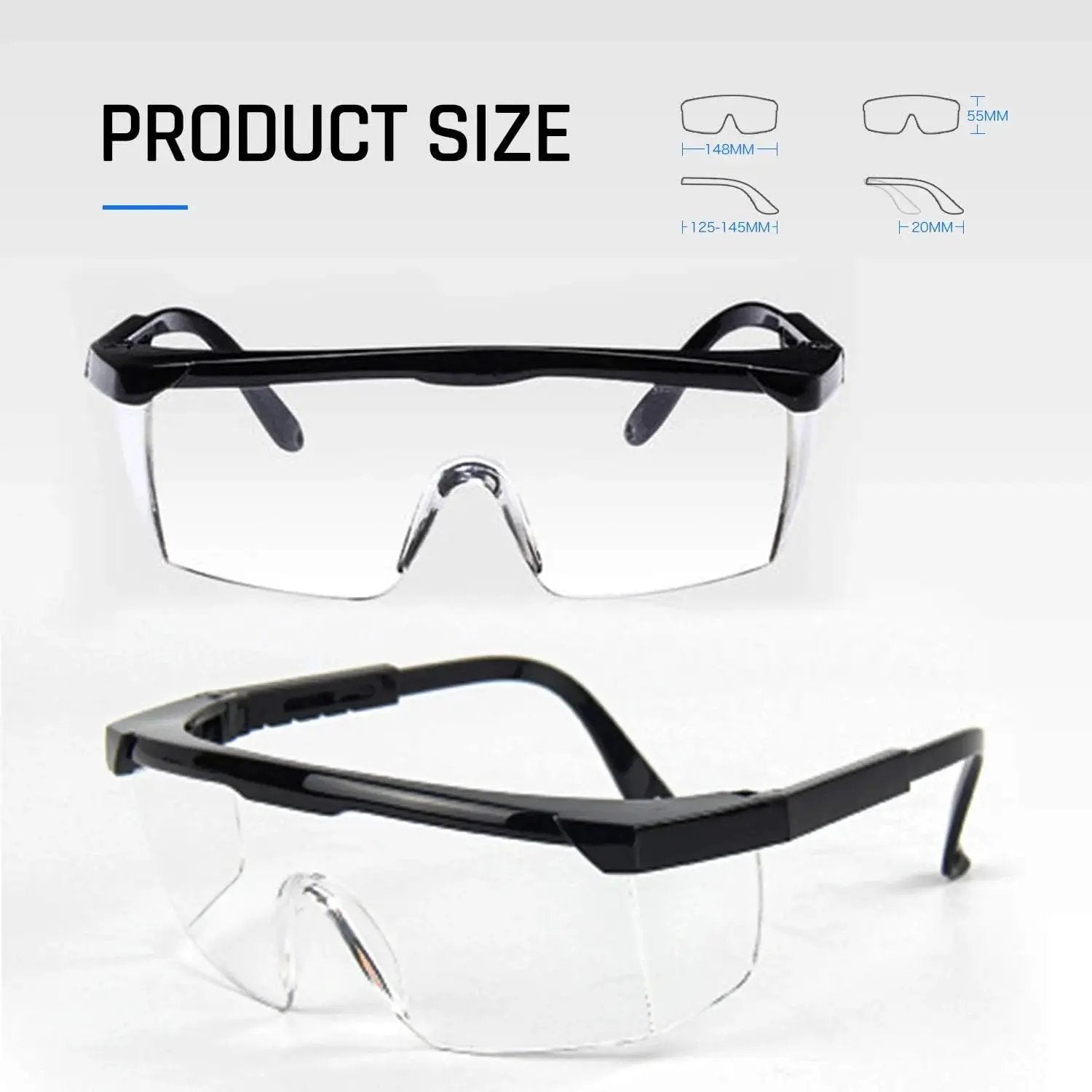 HD Anti Fog Safety Glasses Over Eyeglasses With Adjustable Frame For Protection, showing size dimensions and clear lenses