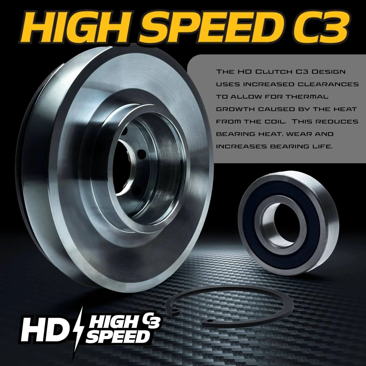 HD High Speed C3 bearing and clutch kit for increased thermal clearance in zero-turn mowers, focus on bearing and ring components