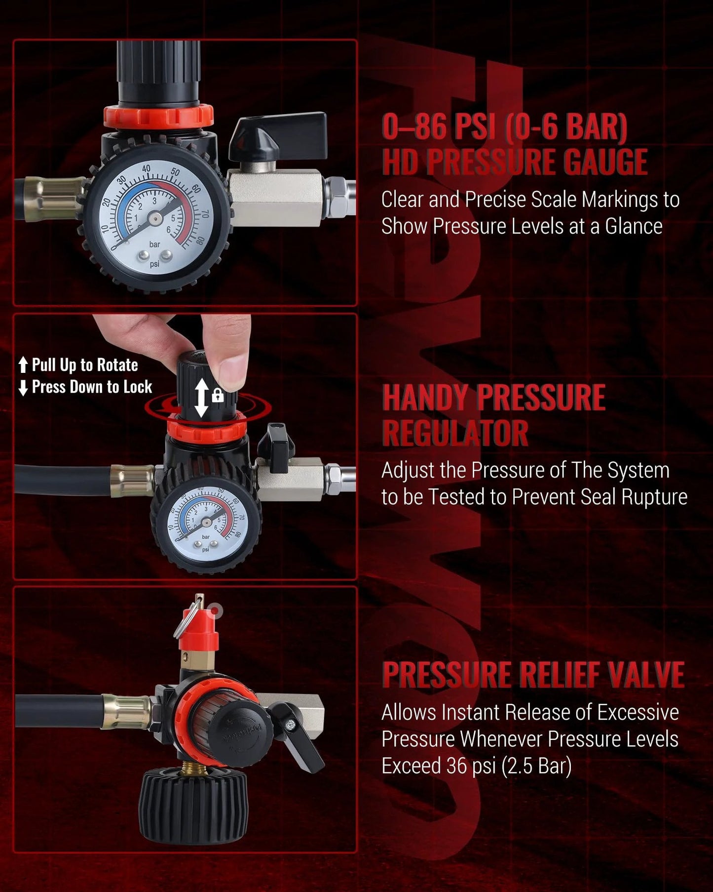 Close-up view of Turbo Boost Leak Tester Kit pressure gauge showing 0-86 psi markings and pressure relief valve for cars and light trucks.