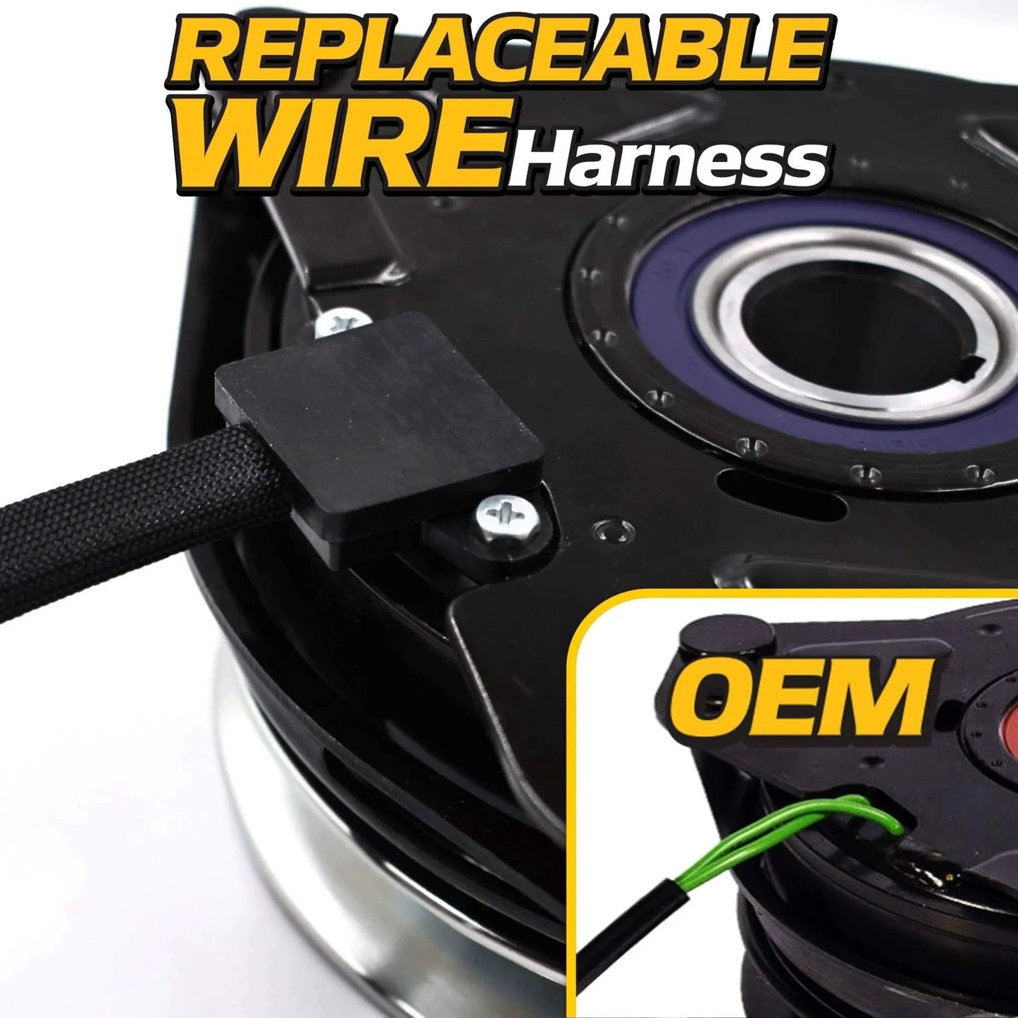 Close-up of HD Switch High Torque 175ftlbs (OEM 150) Solid Steel Billet Pulley Electric PTO Clutch 1686881SM wire harness.