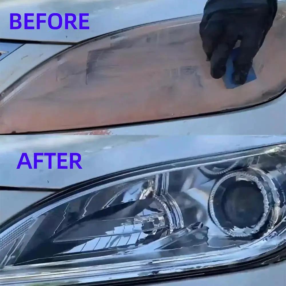 Before and after applying Cerium Oxide Glass Polishing Solution 100 ml bottle with forty percent cerium oxide fast cut polish on car headlight.