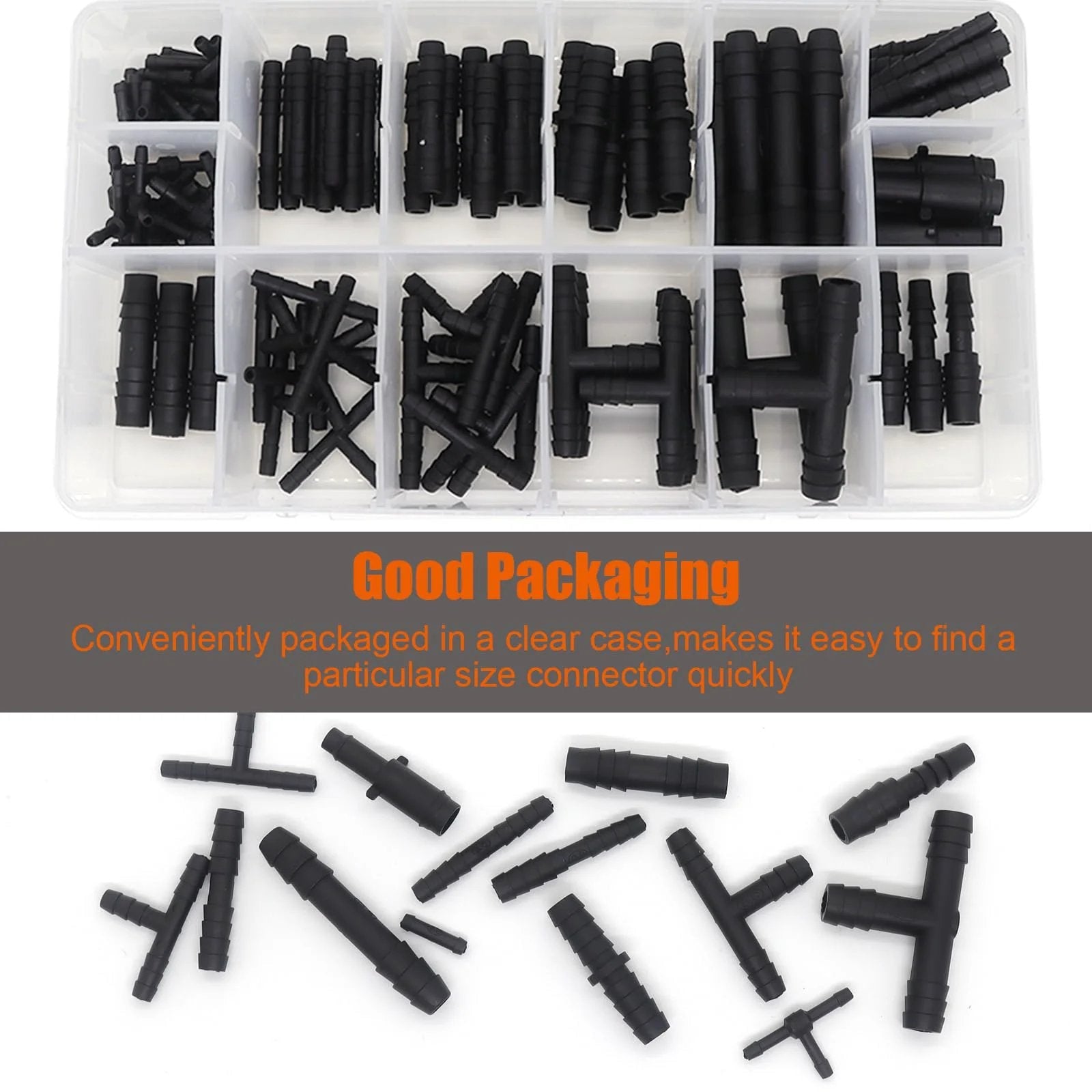 Heat Resistant Nylon Connector Kit For Automotive Vacuum Tubing MINIMARU 119 Pcs 14 Sizes visible in clear storage box.