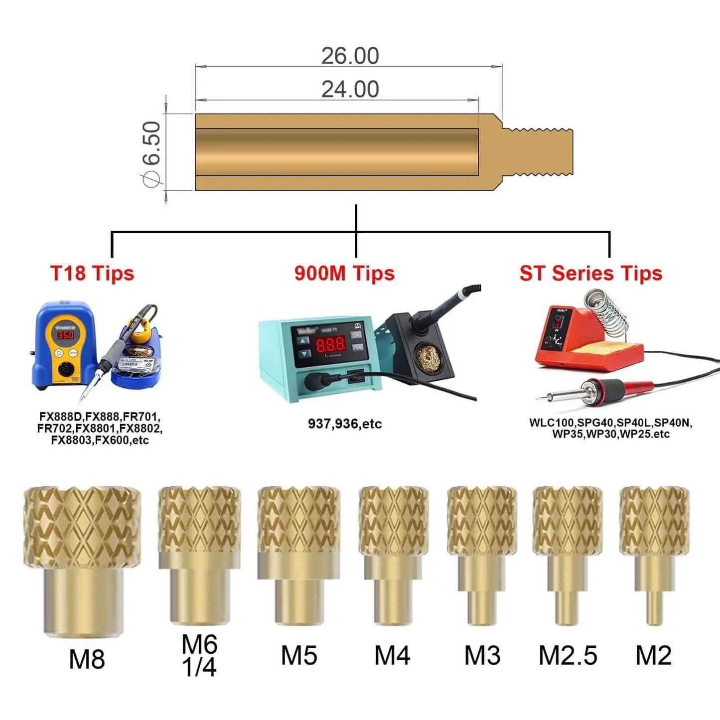 Heat Set Insert Tool with M2 to M8 tips, dimensions, compatible soldering iron models, for plastic and 3D printing components.