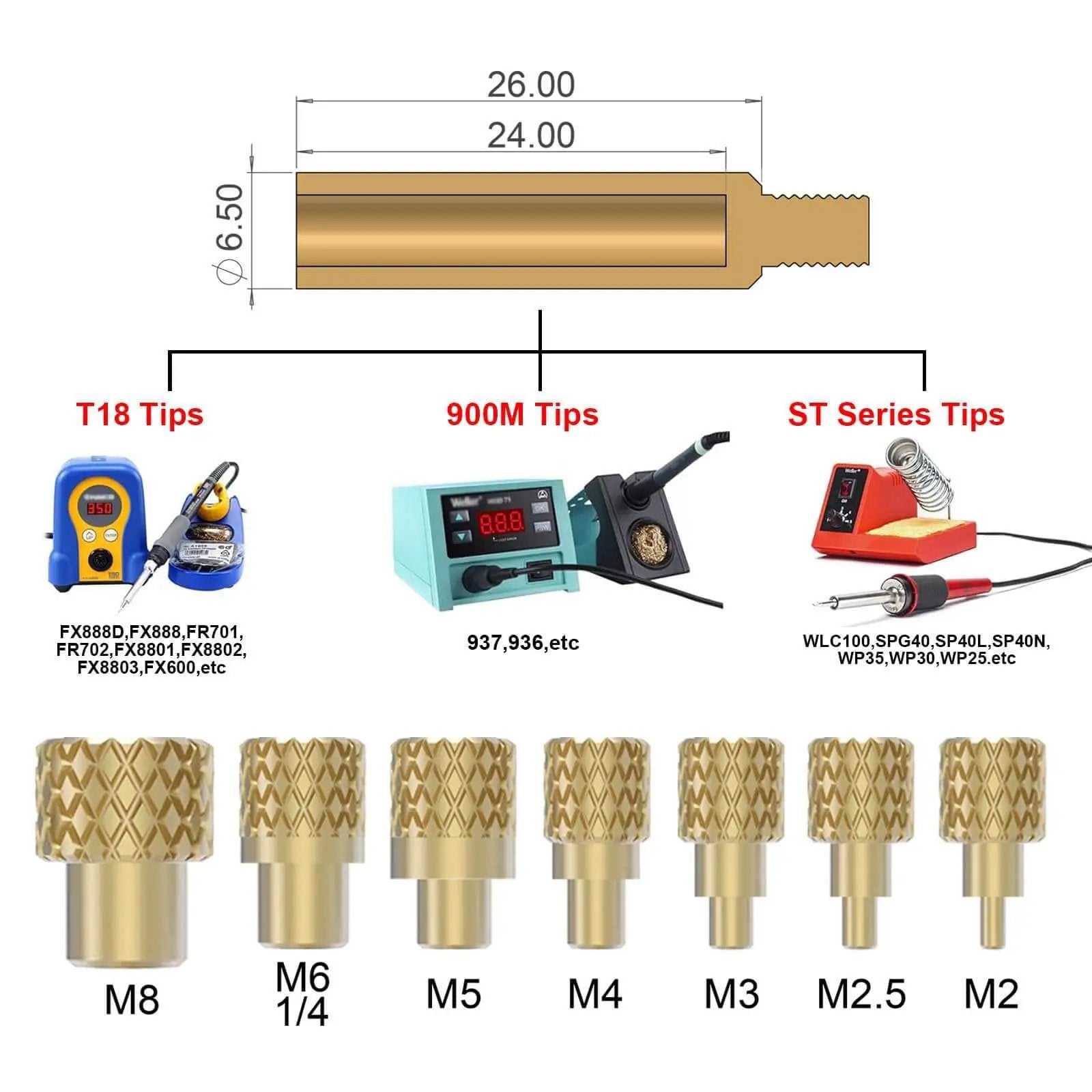 Heat Set Insert Tool with M2 to M8 tips, dimensions, compatible soldering iron models, for plastic and 3D printing components.