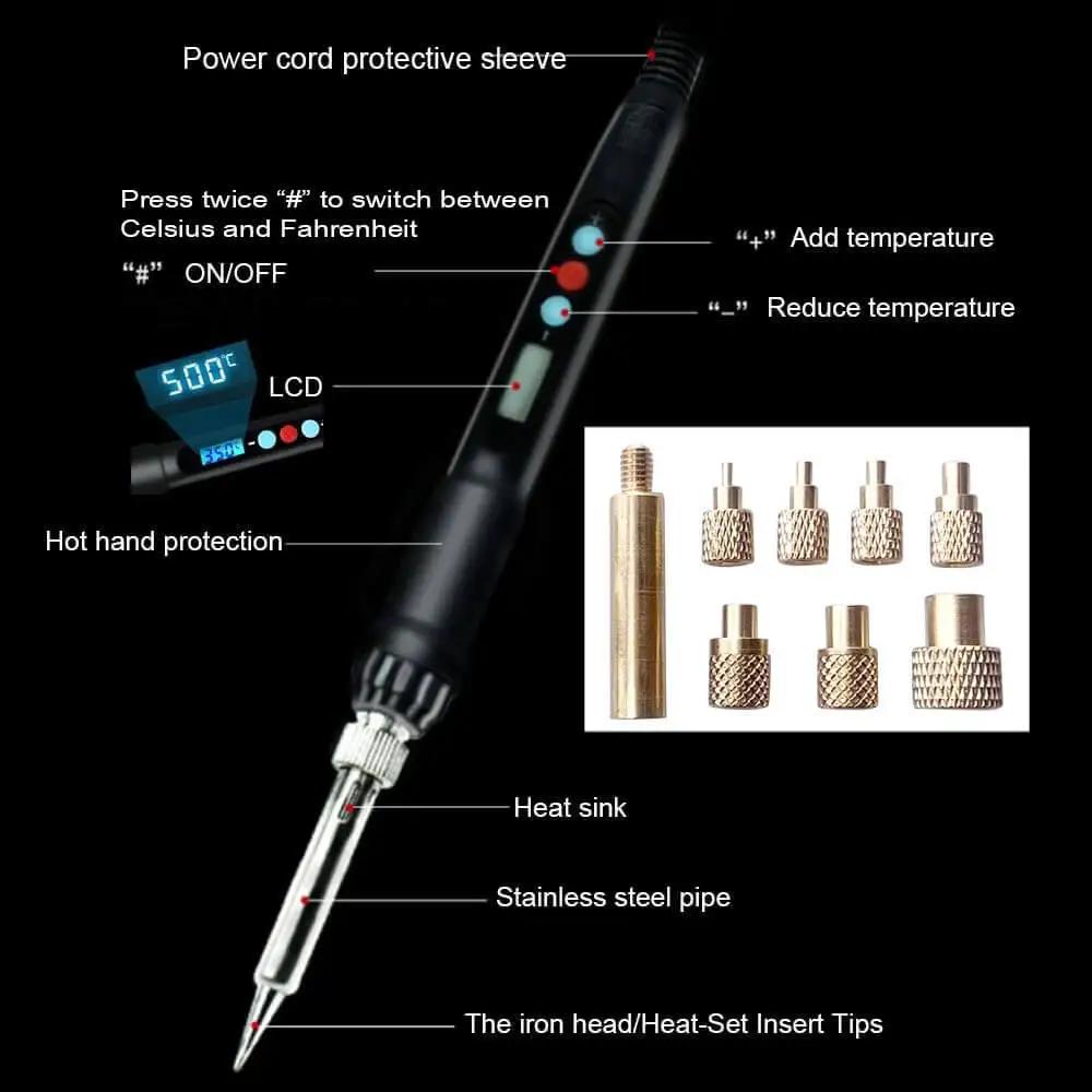 Heat Set Insert Tool With Soldering Iron and M2 to M8 Tips for Threaded Inserts in Plastic, LCD display, temperature controls, heat protection.