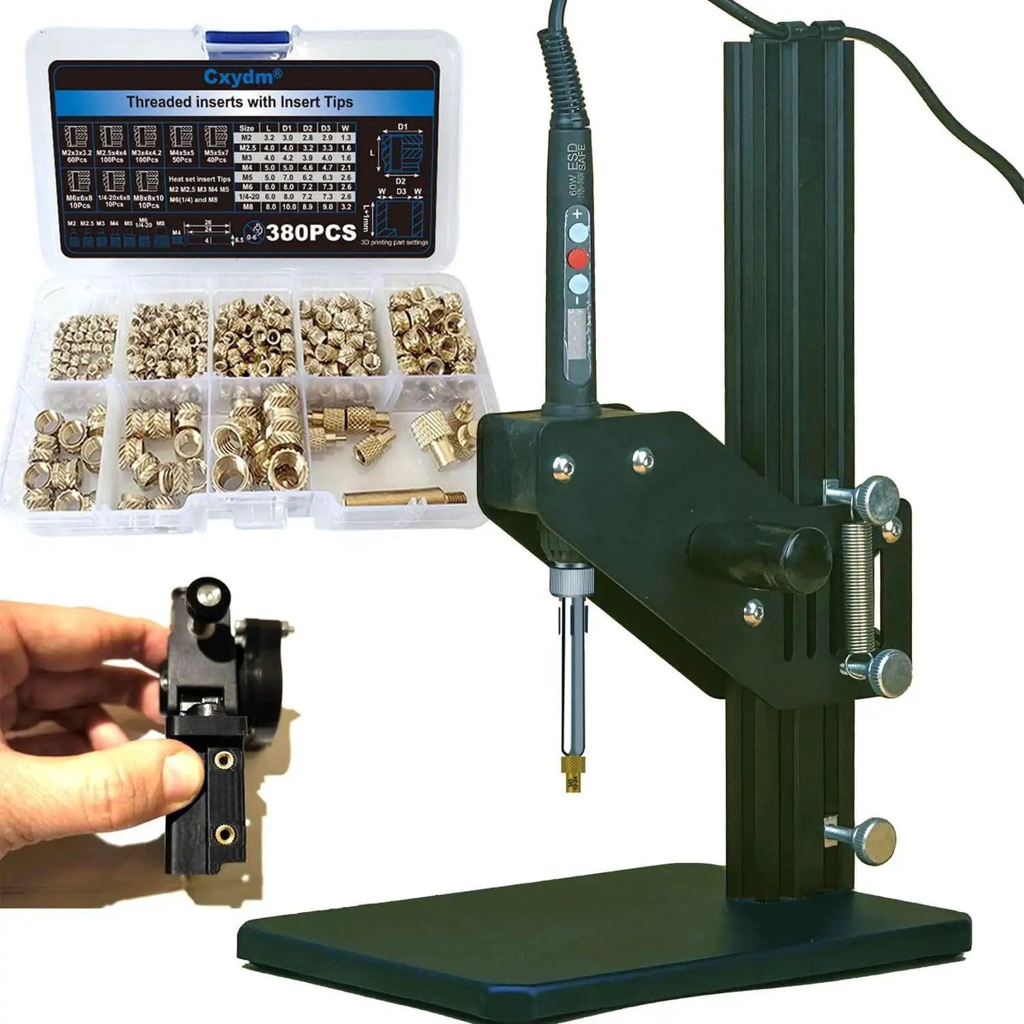 Heat Set Insert Tool with Soldering Iron and M2 to M8 Tips, stable base, anti-slip feet, wide 2040 aluminum Z axis, and insert kit.