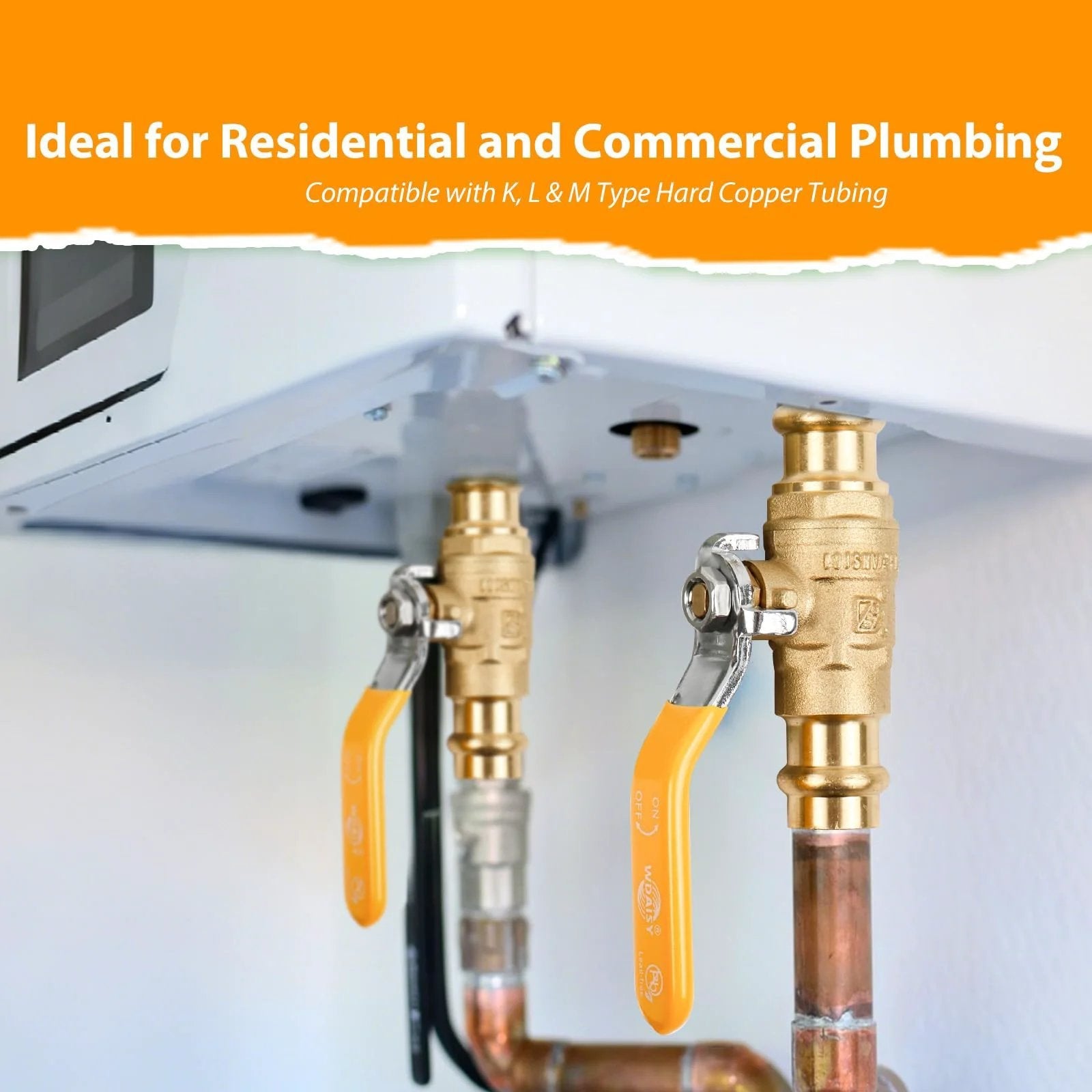 Heavy Duty Half Inch Press Ball Valve 2-Pack With Lead-Free Brass Shut-Off For Copper Tubing, installed on copper tubing with lever handles.
