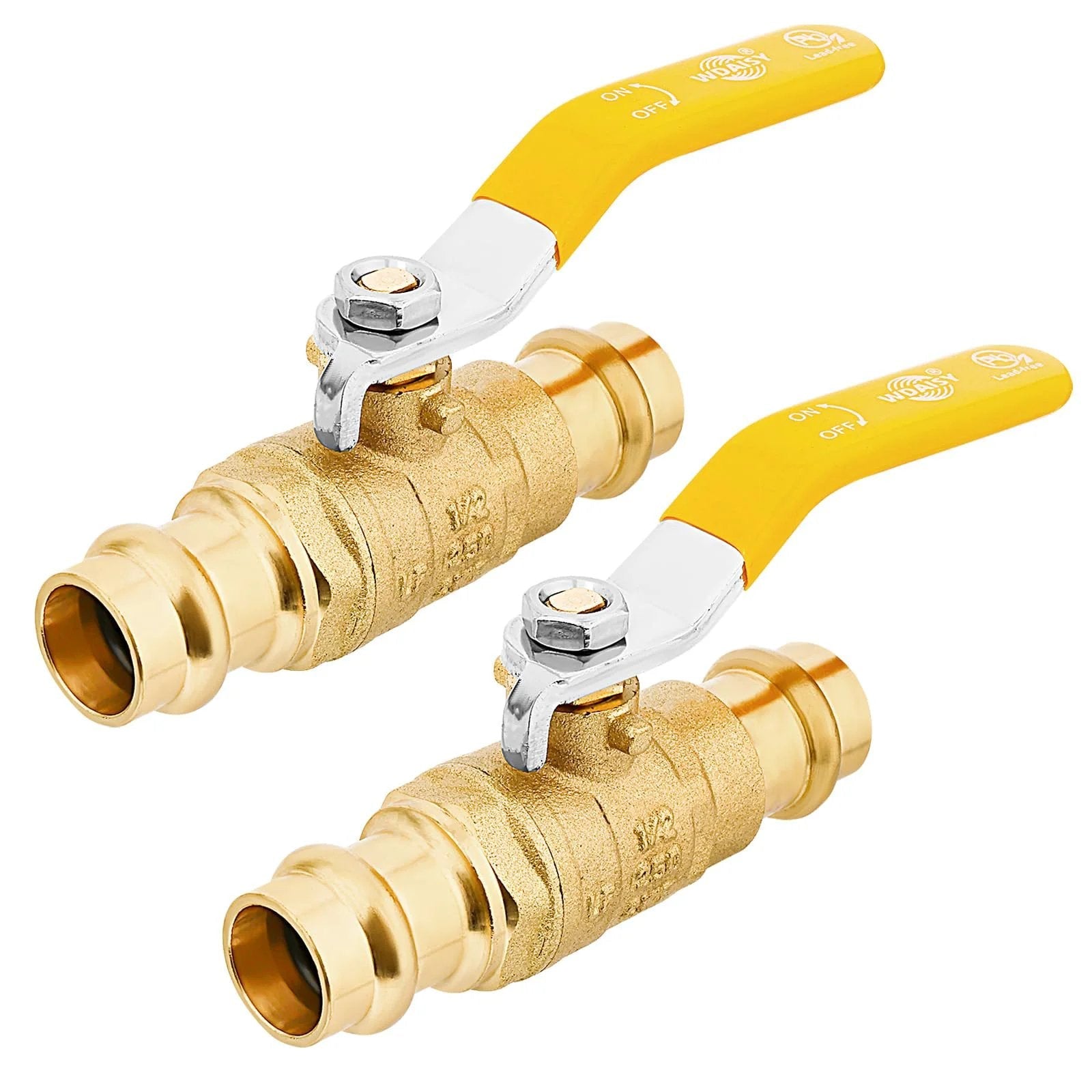 Heavy Duty Half Inch Press Ball Valve 2-Pack With Lead-Free Brass Shut-Off For Copper Tubing, side view showing handles and fittings.