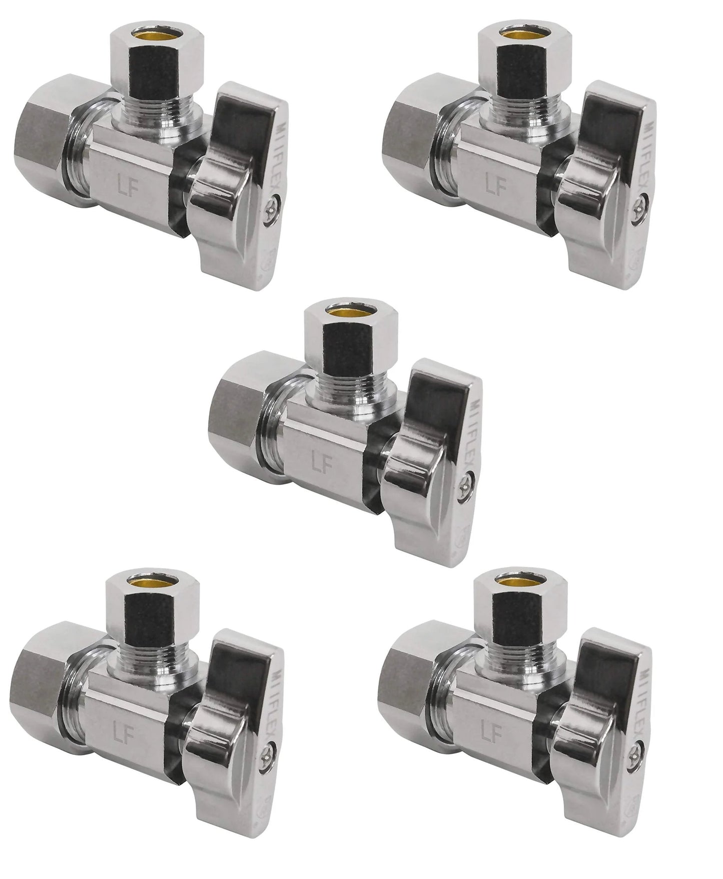 Heavy Duty 1/4 Turn Angle Shut Off Valve With Squared Body For Tight Fittings, 1/2 In NOM Inlet X 3/8 In OD Compression Outlet, Chrome Plated Lead Free Brass, Durable Plumbing Valve Set, 5 Pack For Cold Or Hot Water Lines, arranged view.