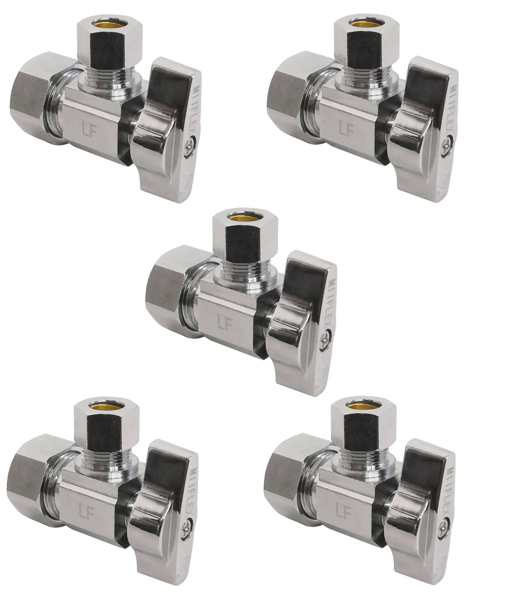 Heavy Duty 1/4 Turn Angle Shut Off Valve With Squared Body For Tight Fittings, 1/2 In NOM Inlet X 3/8 In OD Compression Outlet, Chrome Plated Lead Free Brass, Durable Plumbing Valve Set, 5 Pack For Cold Or Hot Water Lines, arranged view.