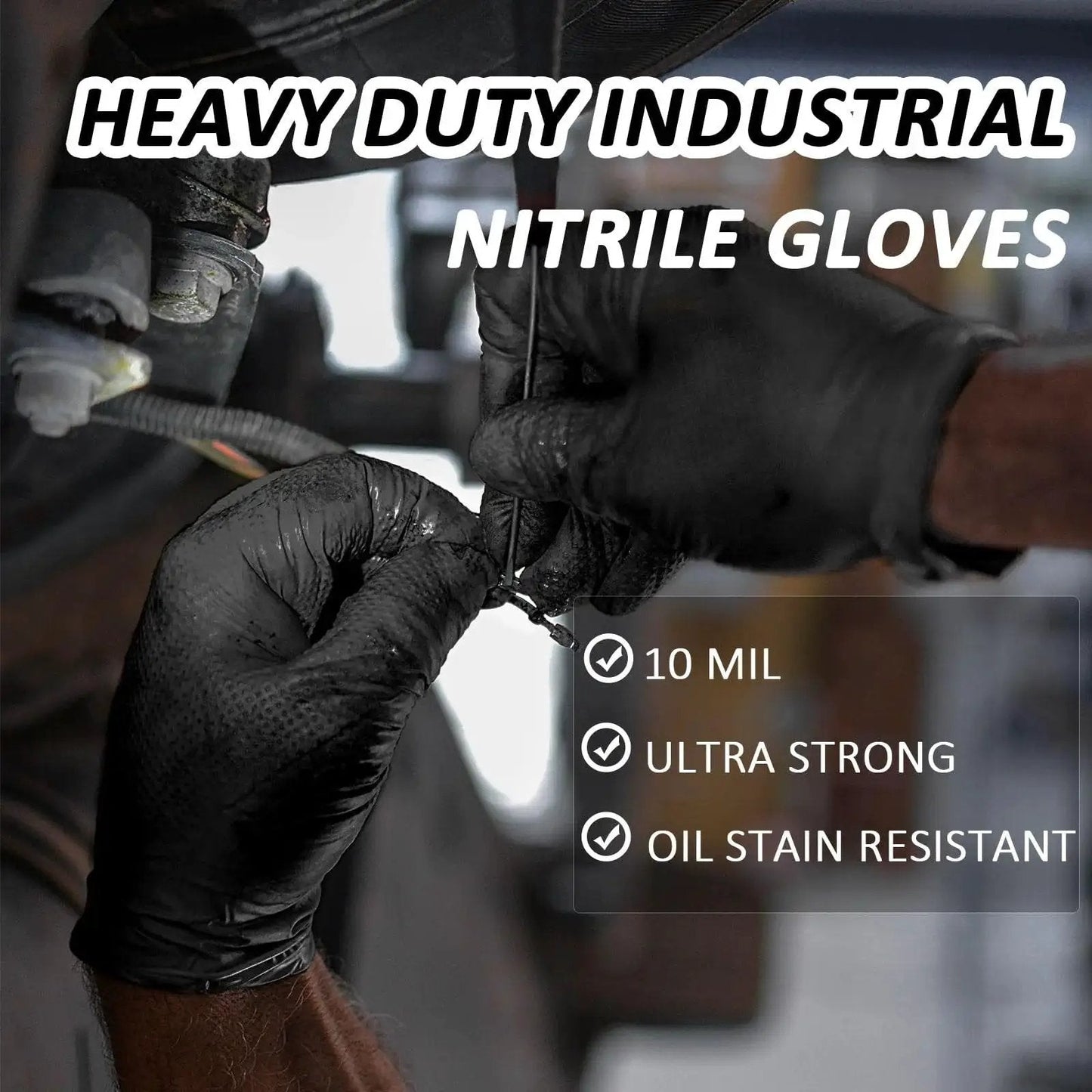 Hands wearing Nitrile Gloves 10 Mil Thick With Diamond Texture Puncture Resistant Powder Free working on automotive wires