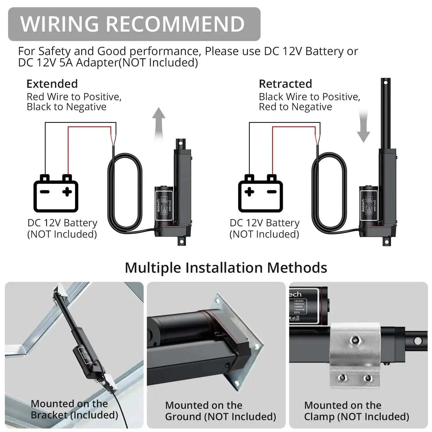 Wiring diagram and installation methods for Heavy Duty 12V Linear Actuator With 225lbs Load, 1000N, 4 Inch Stroke, Silent Operation, IP65 Rated.