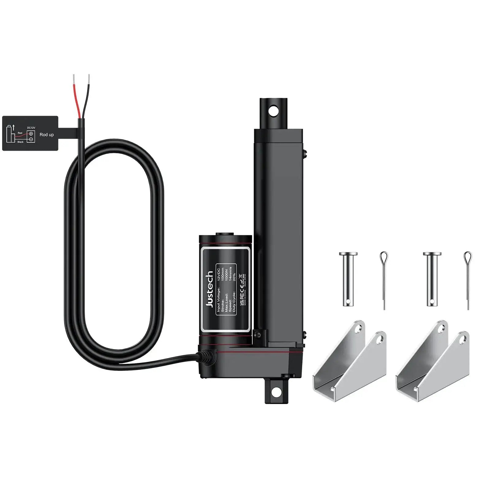 Heavy Duty 12V Linear Actuator With 225lbs Load, 1000N, 4 Inch Stroke, Silent Operation, IP65 Rated, Brackets Included Justech Black