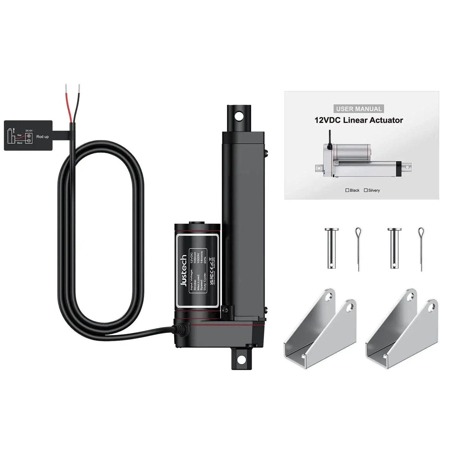 Heavy Duty 12V Linear Actuator With 225lbs Load, 1000N, 4 Inch Stroke, Silent Operation, IP65 Rated, Brackets Included, Justech Black