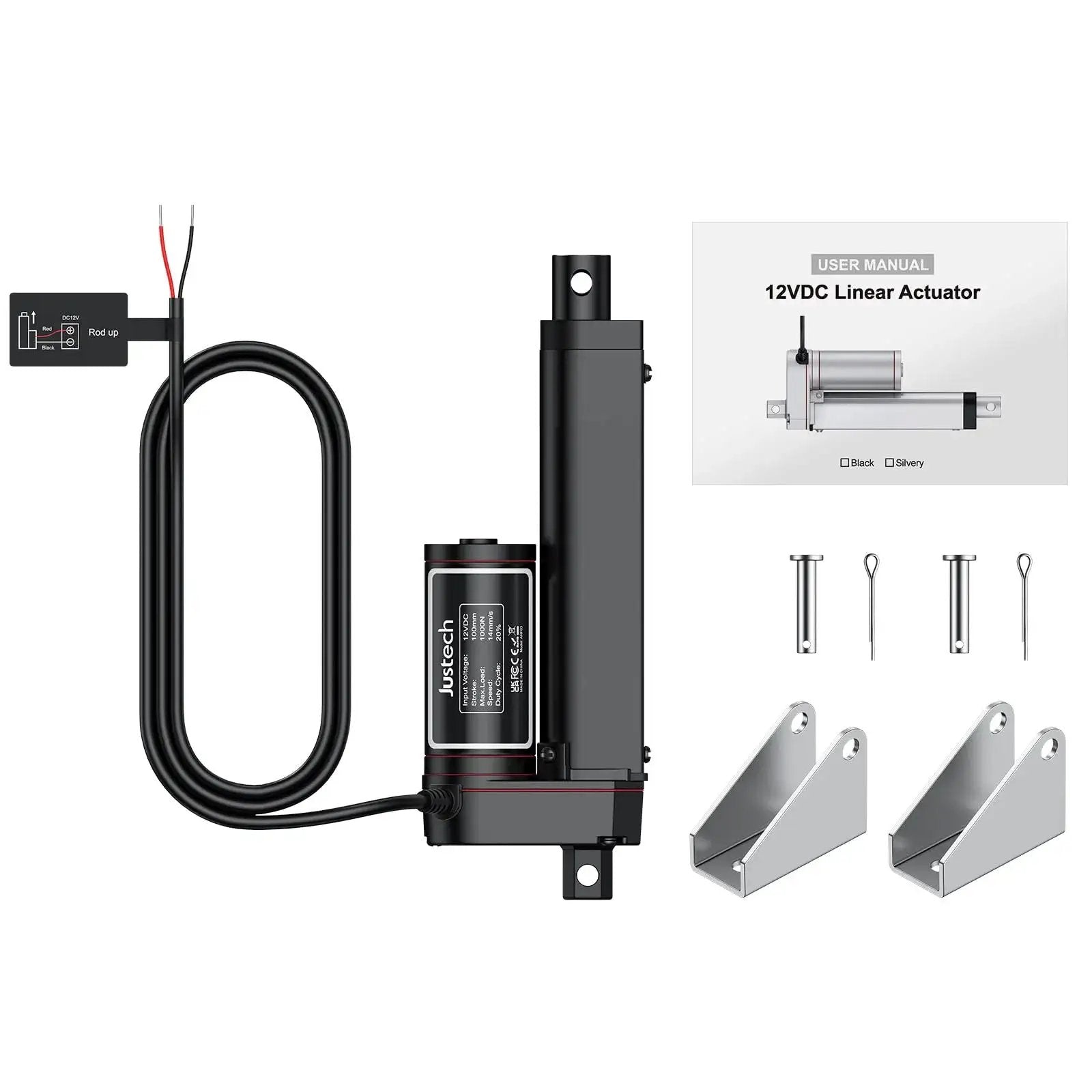 Heavy Duty 12V Linear Actuator With 225lbs Load, 1000N, 4 Inch Stroke, Silent Operation, IP65 Rated, Brackets Included, Justech Black