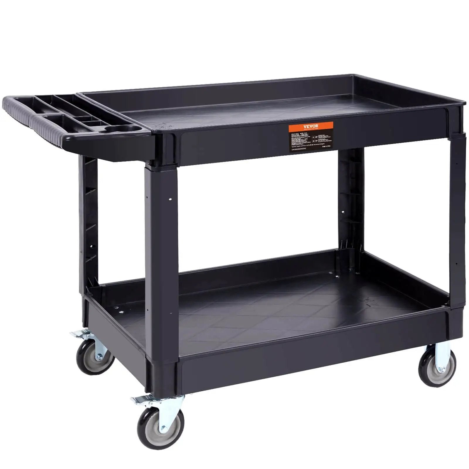 Heavy Duty 2 Shelf Utility Cart With 550 Lb Capacity And 360 Degree Swivel Wheels With Brakes, Large Lip Shelf, Ergonomic Handle