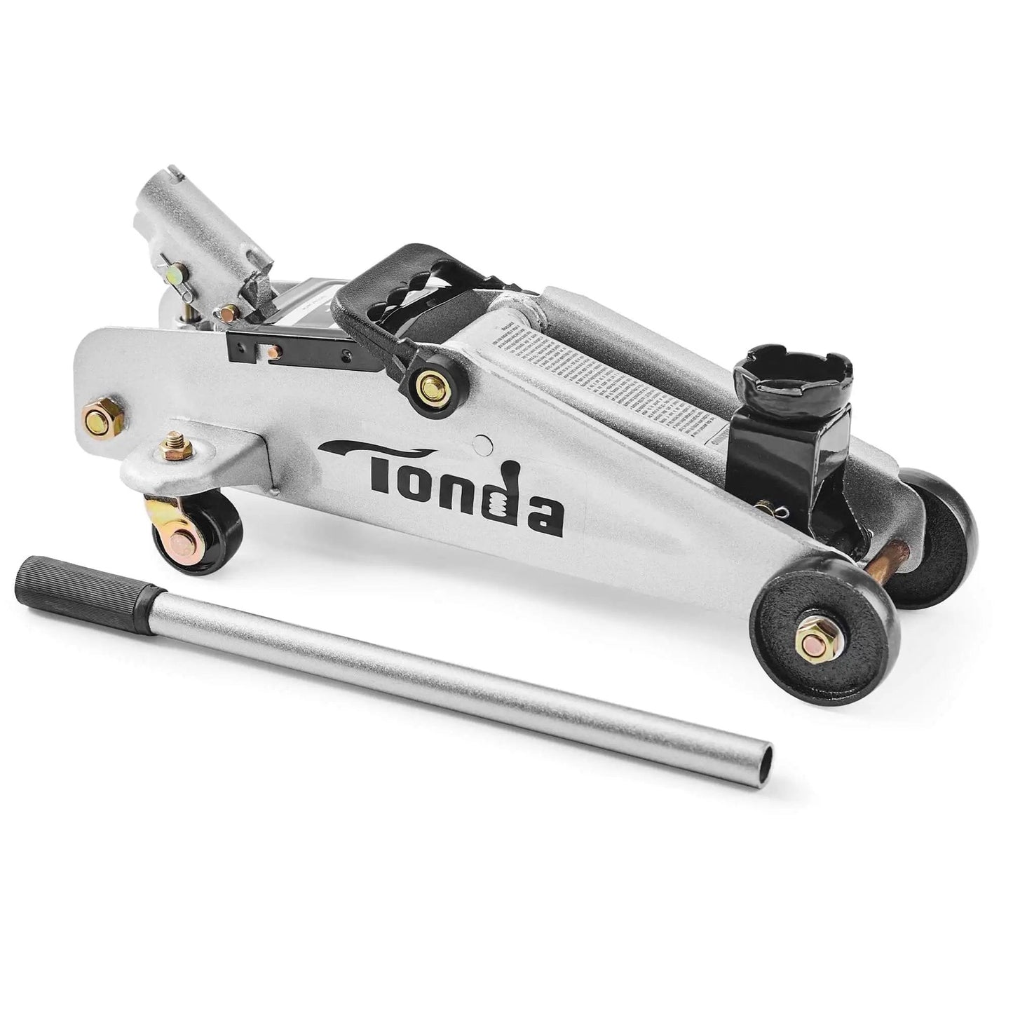 Heavy Duty 2 Ton Floor Jack With Safe Hydraulic Lift For Cars Portable Car Jack 4.9 To 11.8 Inch Lift 3800 Lb Capacity With Built In Safety Bypass Valve And Easy Maneuverability On Two Large Steel Casters TONDA on a white background.
