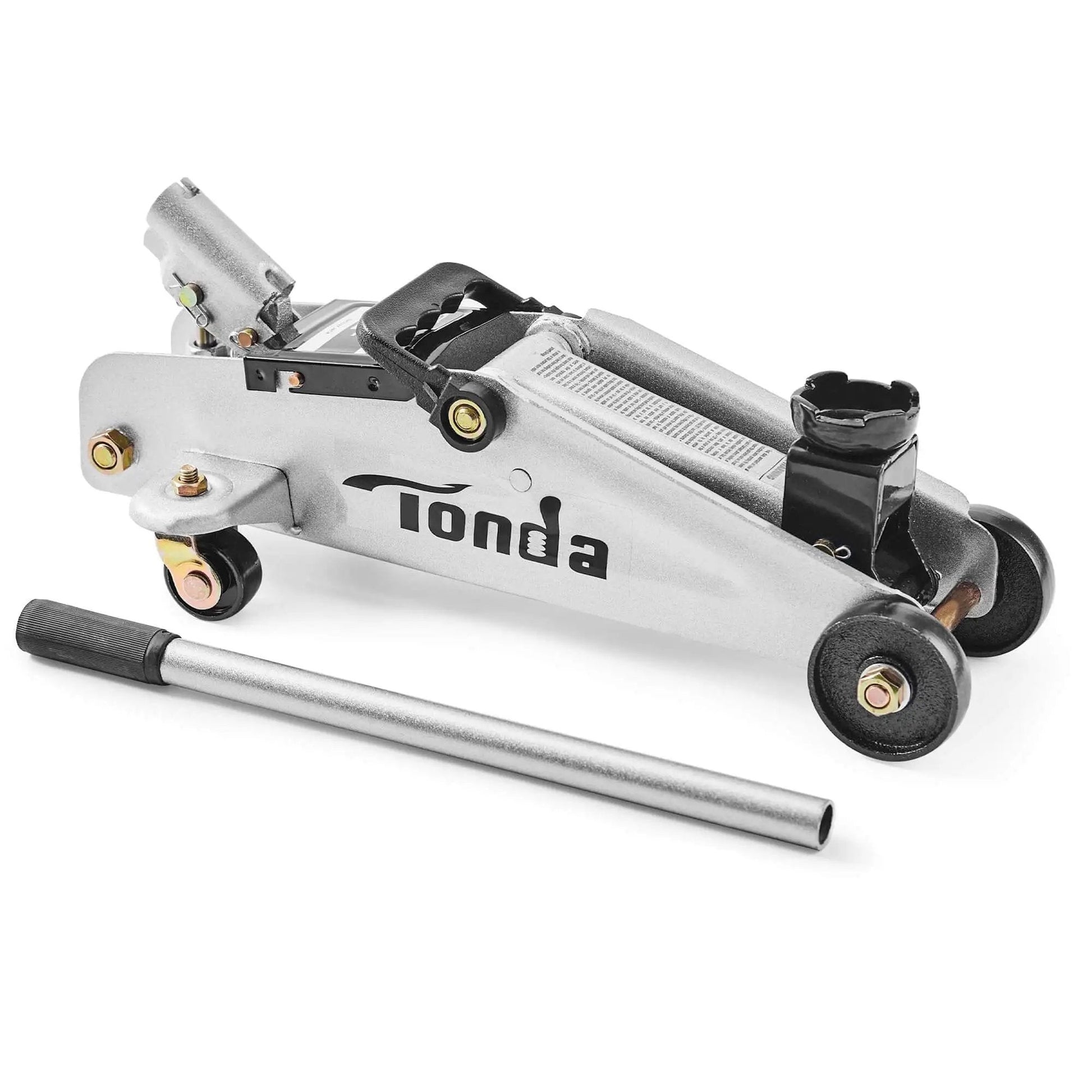 Heavy Duty 2 Ton Floor Jack With Safe Hydraulic Lift For Cars Portable Car Jack 4.9 To 11.8 Inch Lift 3800 Lb Capacity With Built In Safety Bypass Valve And Easy Maneuverability On Two Large Steel Casters TONDA on a white background.