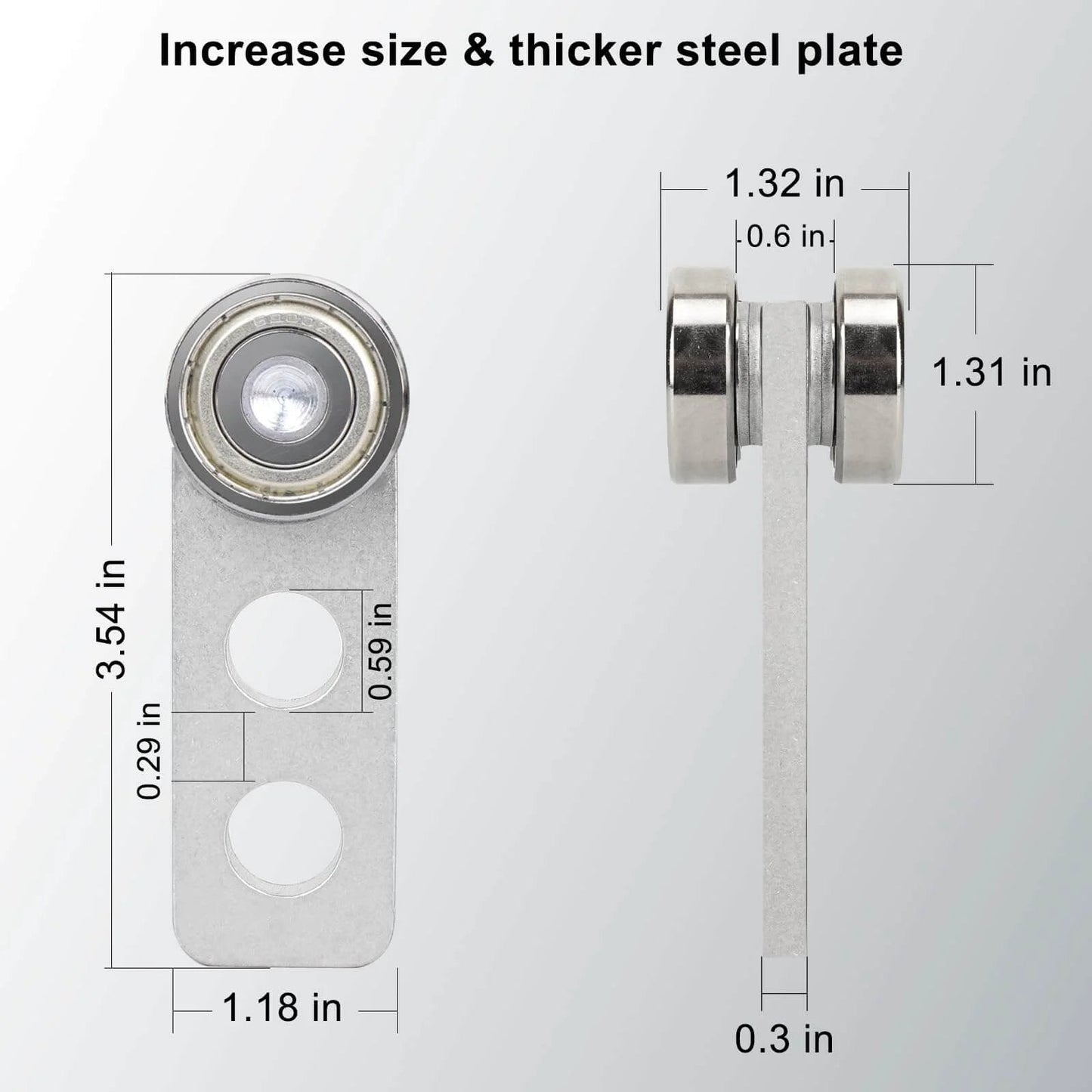 Front and side view of 2 Pack Heavy Duty Trolley Assembly with 2 Wheel Steel Rollers for 1-5/8 Inch Strut Channel showing dimensions