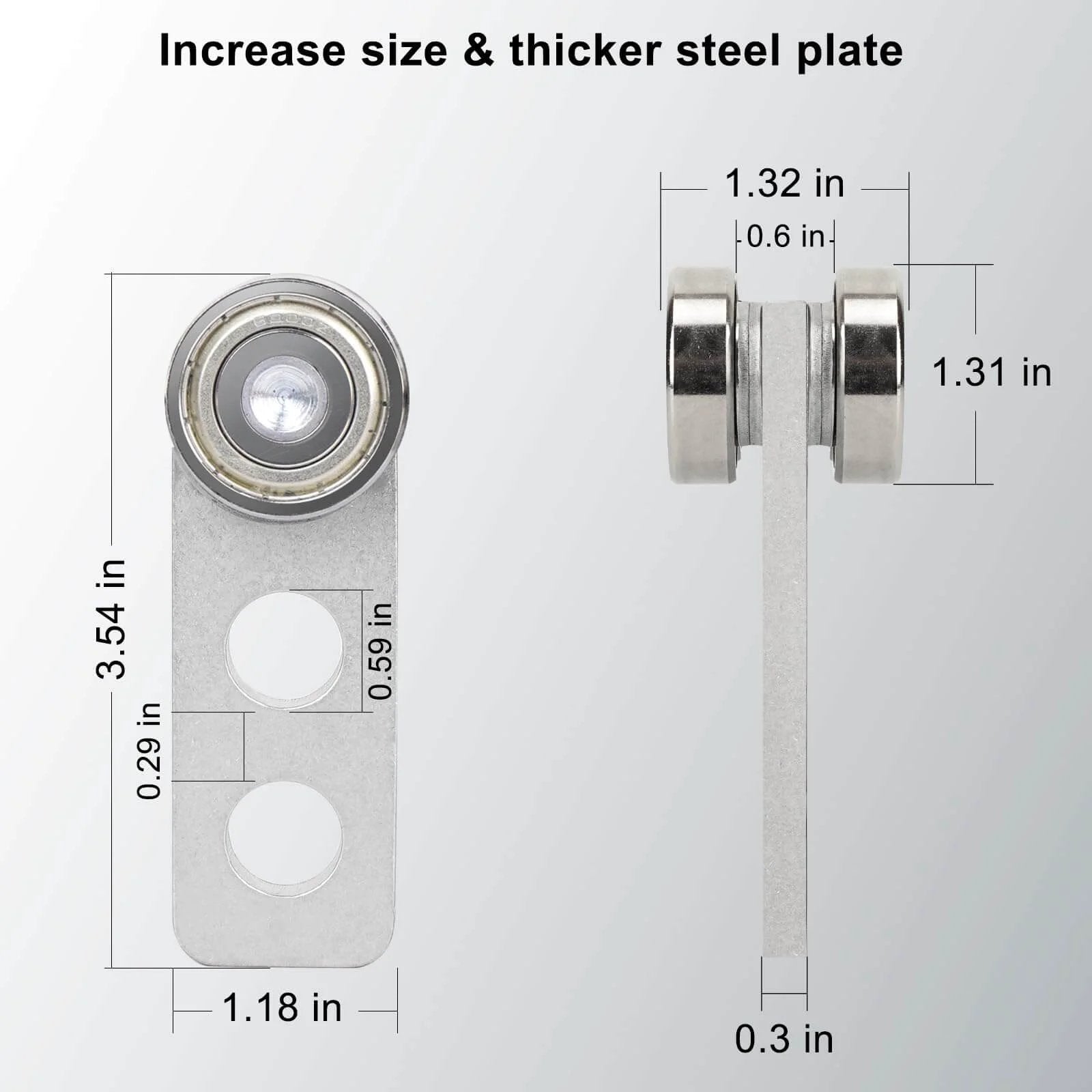 Front and side view of 2 Pack Heavy Duty Trolley Assembly with 2 Wheel Steel Rollers for 1-5/8 Inch Strut Channel showing dimensions