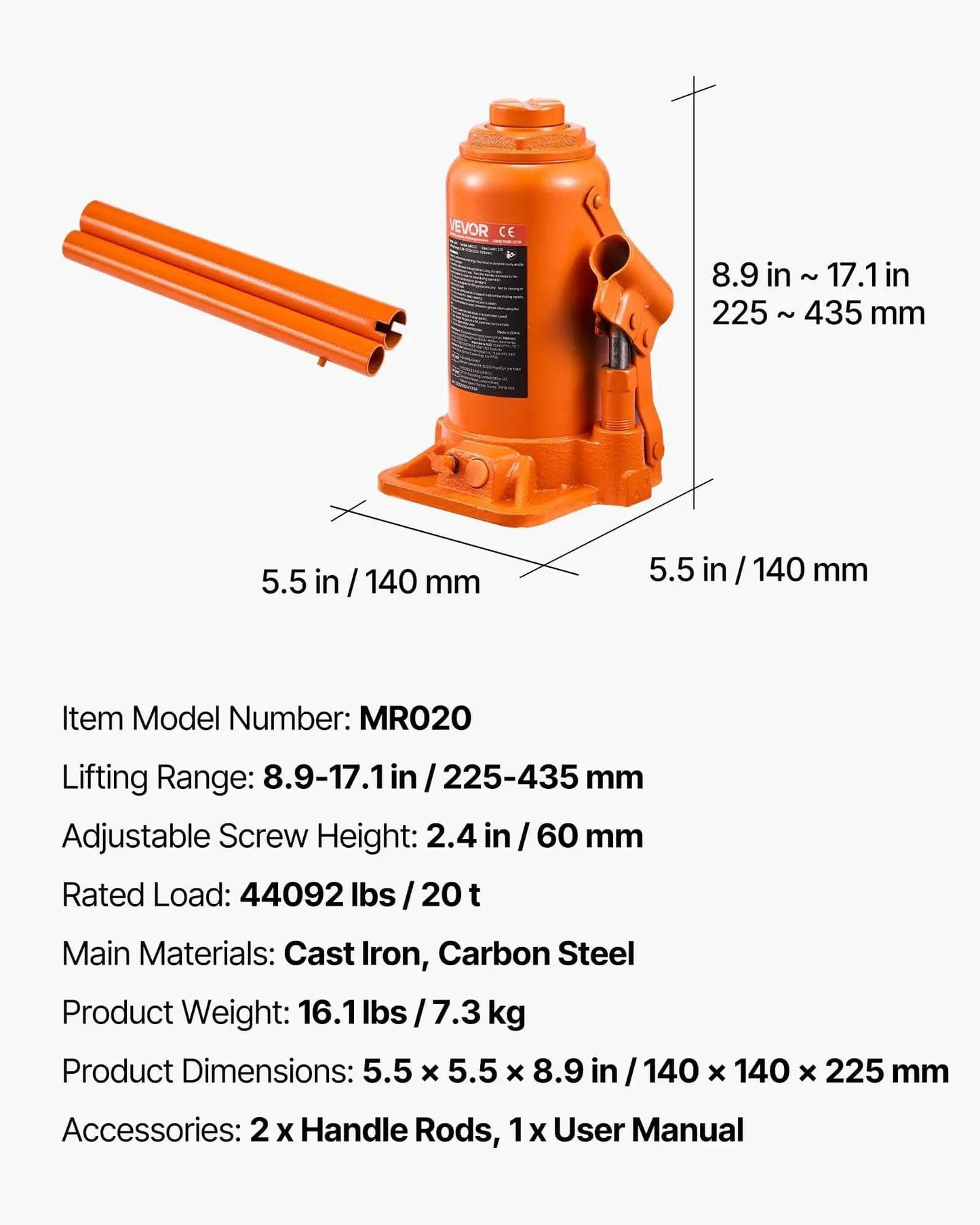 Heavy Duty 20 Ton Hydraulic Bottle Jack With 7.5 To 14 Inch Lift Range All Welded Construction Three Section Long Handle