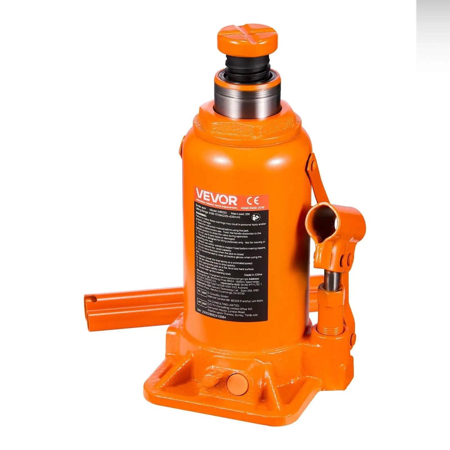 Front view of Heavy Duty 20 Ton Hydraulic Bottle Jack With 7.5 To 14 Inch Lift Range All Welded Construction Three Section Long Handle