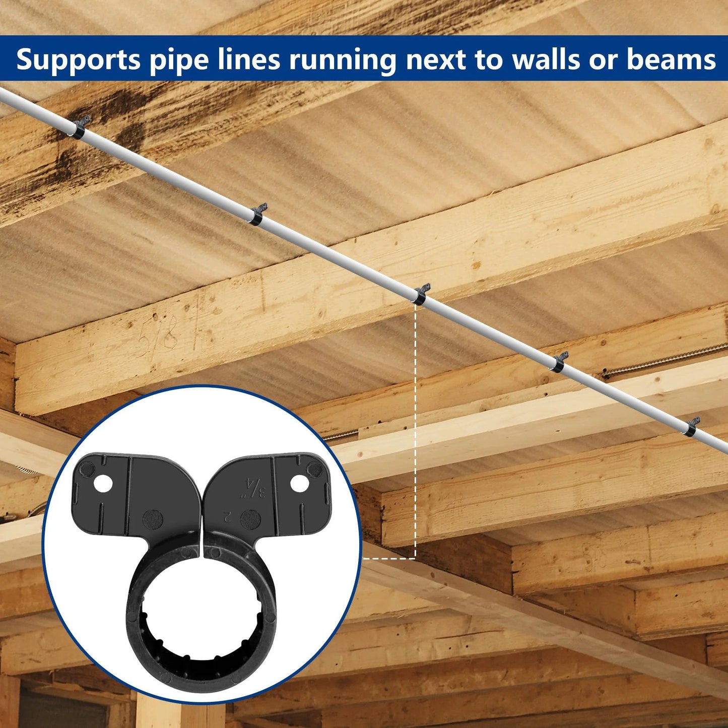 Heavy Duty Three Quarters Inch Suspension Pipe Clamps Set Butterfly Style PEX Tubing Clamps Black securing pipes next to wooden beams.
