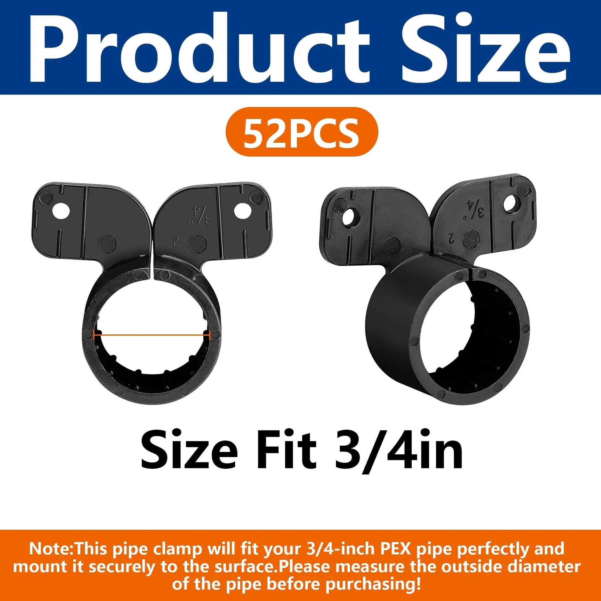 Heavy Duty Three Quarters Inch Suspension Pipe Clamps Set Butterfly Style PEX Tubing Clamps Black showing size fit 3/4in.