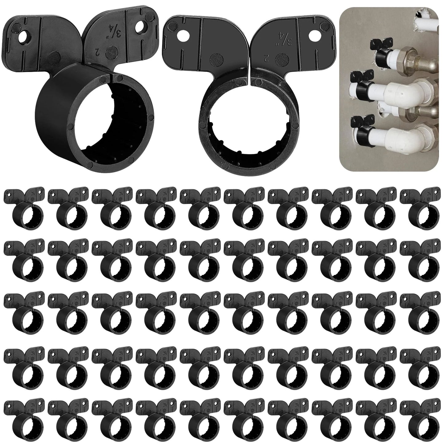 Heavy Duty Three Quarters Inch Suspension Pipe Clamps Set Butterfly Style PEX Tubing Clamps Black 52 Piece Pipe Support for PEX Copper CPVC and More.