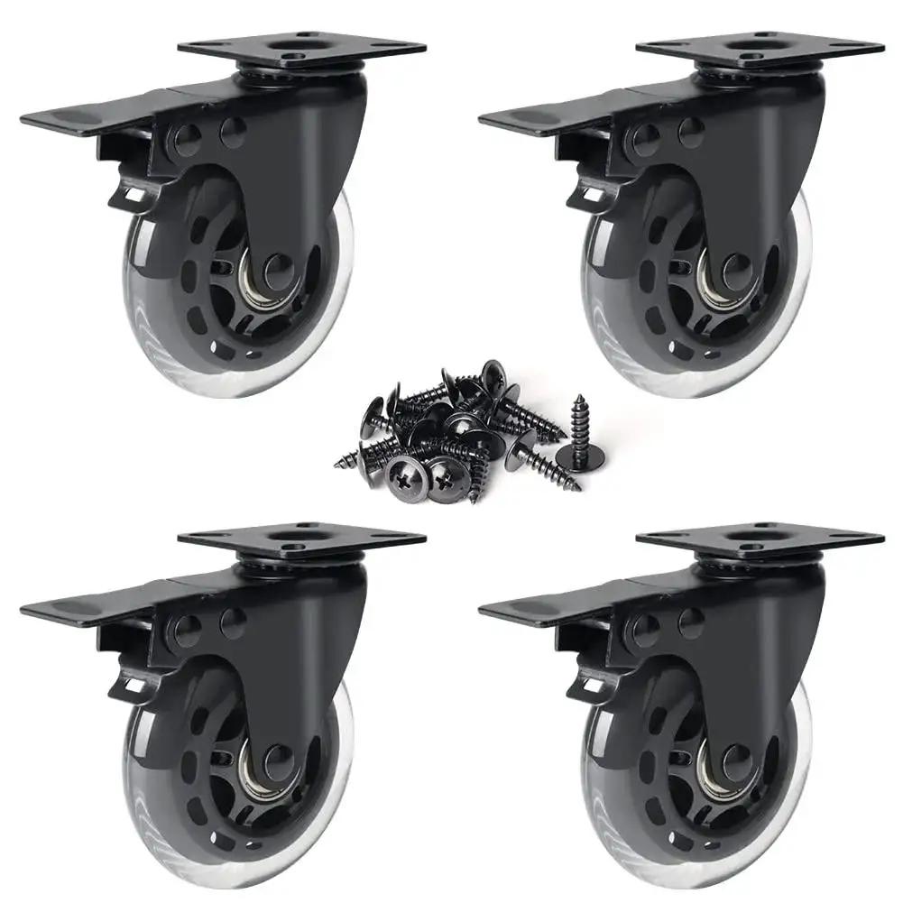 3 Inch Plate Caster Set Of 4 With Brake Dual Locking Heavy Duty Top Plate Industrial Swivel Casters Load Capacity 600 Lbs Ideal For Cart And Trolley Applications Safe Mobility And Easy Positioning, front view with screws