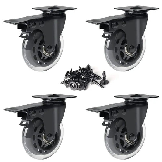 3 Inch Plate Caster Set Of 4 With Brake Dual Locking Heavy Duty Top Plate Industrial Swivel Casters Load Capacity 600 Lbs Ideal For Cart And Trolley Applications Safe Mobility And Easy Positioning, front view with screws