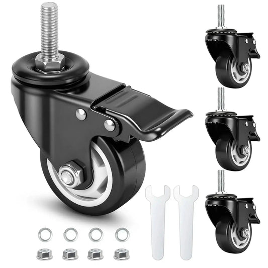 3 Inch Heavy Duty Caster Wheels Set Of 4 With Threaded Stem For Furniture And Workbenches Half Inch Diameter And 13 Threads Per Inch Locking Casters Non Marking PU Wheels Smooth Rolling Industrial Castors Each Up To 400 Pounds, showing black caster wheels with metal stem and locking mechanism, nuts, and wrenches included.