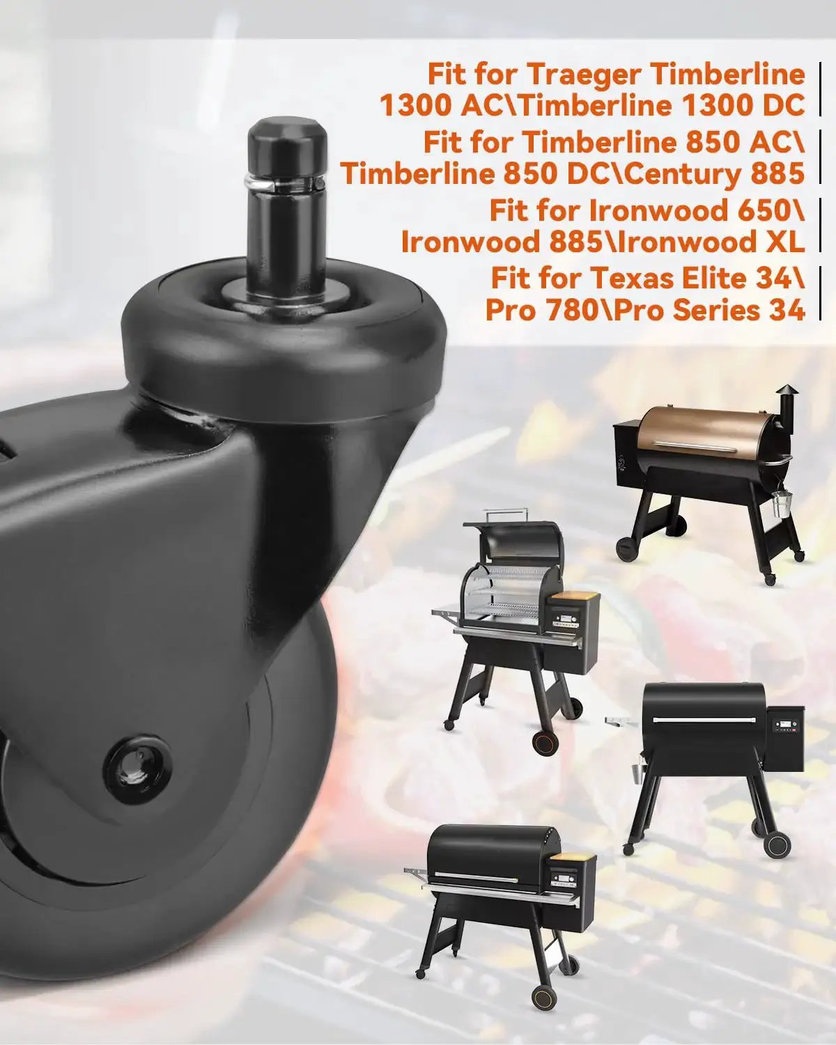 Close-up of 3-Inch Rubber Heavy-Duty Grill Wheel With Brake, 2-Piece Caster Wheel Replacement For Pellet Grills Including Timberline 1300 850 Ironwood 650 885 Ironwood XL Texas Elite 34 Pro 780 Pro Series 34 HDW30