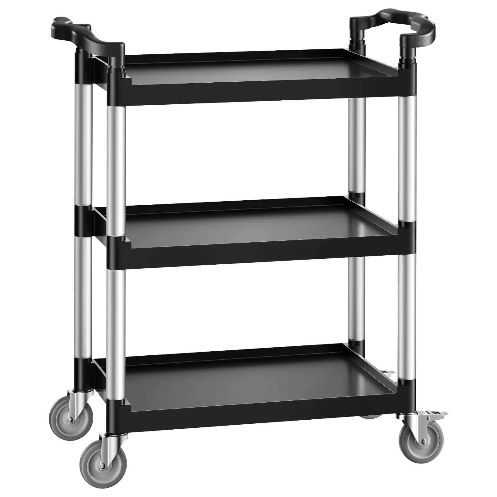 Heavy Duty 3 Tier Utility Cart with 360 Degree Swivel Wheels and Brakes, 300 Lb Load Capacity, shown in black with raised edges.