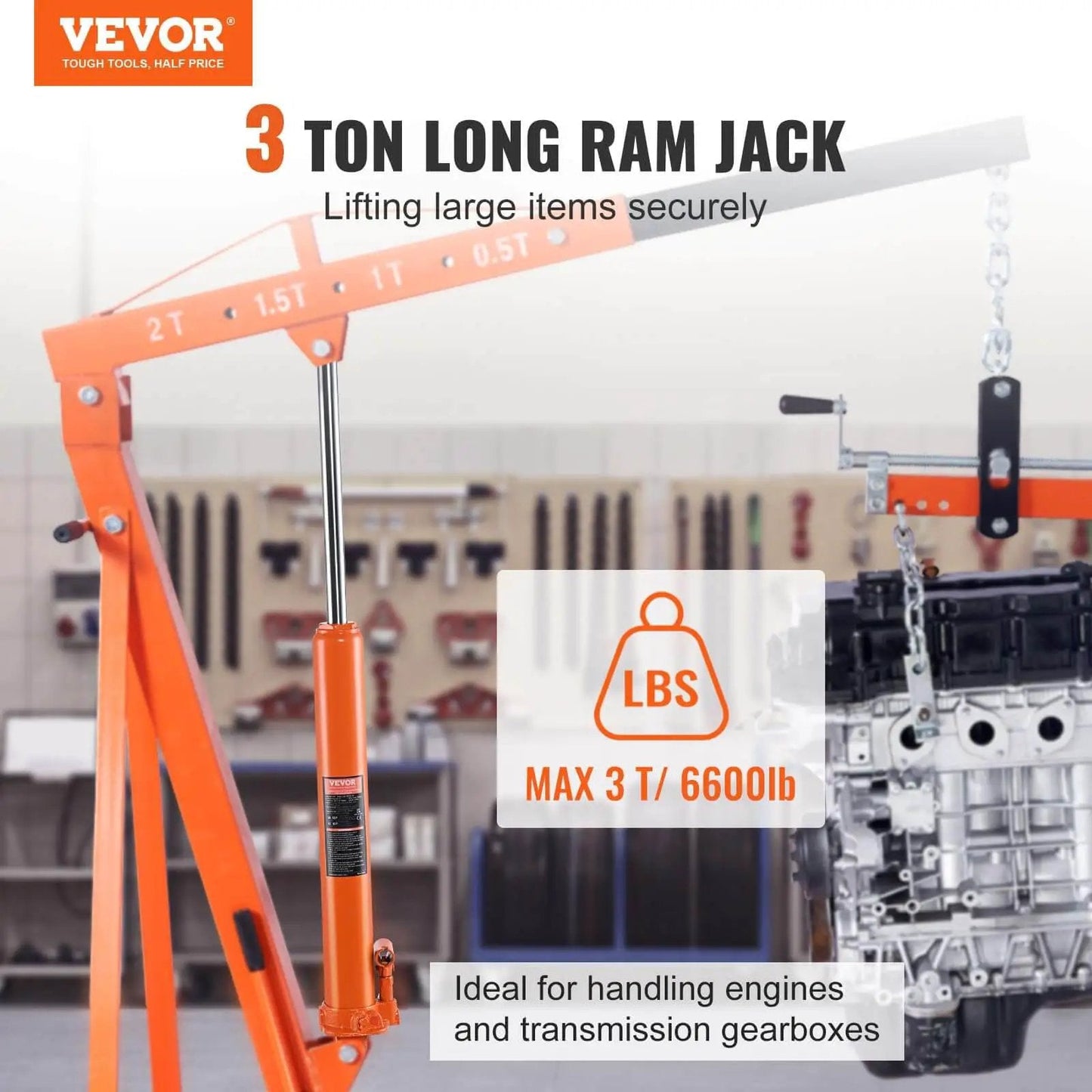 Heavy Duty 3 Ton Hydraulic Long Ram Jack For Engine Hoists And Garage Cranes With Clevis Base Slow Release Lift And Adjustable Height From 26.2 Inches To 46 Inches Ideal For Engine Lifts Farm And Shop Use VEVOR lifting engine