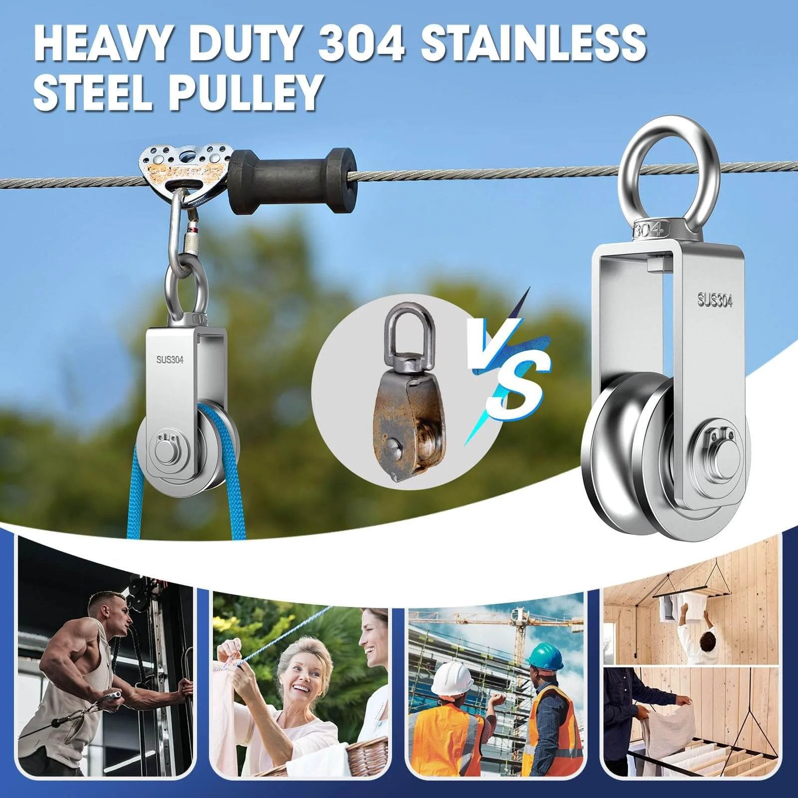 Heavy duty 304 stainless steel pulley for wire rope cable lifting, featuring U Type Swivel Pulley Block and applications.